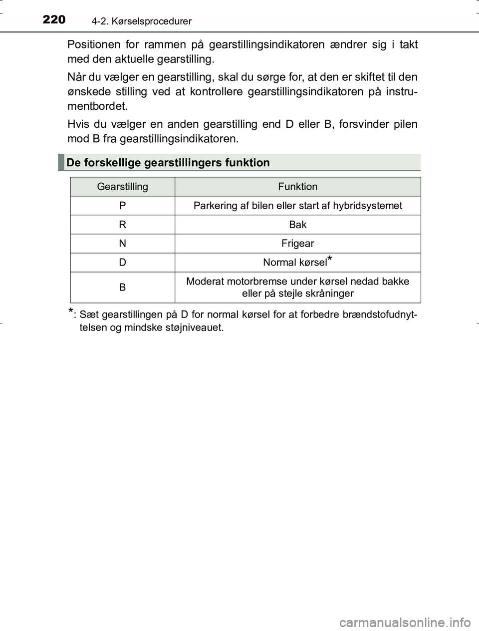TOYOTA AURIS HYBRID 2016 Brugsanvisning (in Danish) 2204-2. Kørselsprocedurer
AURIS_HV_OM12L07DK
Positionen for rammen på gearstillingsindikatoren ændrer sig i takt
med den aktuelle gearstilling.
Når du vælger en gearstilling, skal du sørge for, TOYOTA AURIS HYBRID 2016 Brugsanvisning (in Danish) 2204-2. Kørselsprocedurer
AURIS_HV_OM12L07DK
Positionen for rammen på gearstillingsindikatoren ændrer sig i takt
med den aktuelle gearstilling.
Når du vælger en gearstilling, skal du sørge for,