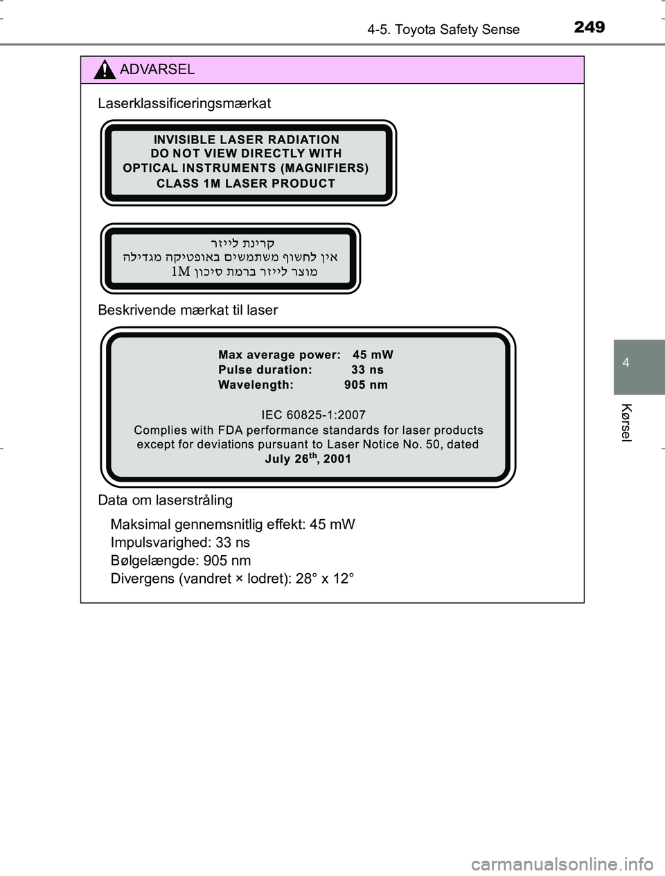 TOYOTA AURIS HYBRID 2017 Brugsanvisning (in Danish) 2494-5. Toyota Safety Sense
AURIS_HV_OM12L07DK
4
Kørsel
ADVARSEL
Laserklassificeringsmærkat
Beskrivende mærkat til laser
Data om laserstråling Maksimal gennemsnitlig effekt: 45 mW
Impulsvarighed: TOYOTA AURIS HYBRID 2017 Brugsanvisning (in Danish) 2494-5. Toyota Safety Sense
AURIS_HV_OM12L07DK
4
Kørsel
ADVARSEL
Laserklassificeringsmærkat
Beskrivende mærkat til laser
Data om laserstråling Maksimal gennemsnitlig effekt: 45 mW
Impulsvarighed: