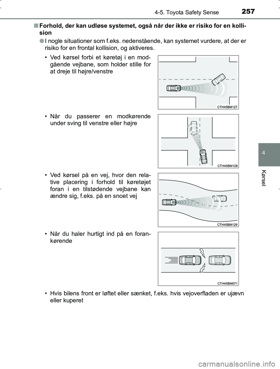 TOYOTA AURIS HYBRID 2016 Brugsanvisning (in Danish) 2574-5. Toyota Safety Sense
AURIS_HV_OM12L07DK
4
Kørsel
nForhold, der kan udløse systemet, også når der ikke er risiko for en kolli-
sion
lI nogle situationer som f.eks. nedenstående, kan systeme TOYOTA AURIS HYBRID 2016 Brugsanvisning (in Danish) 2574-5. Toyota Safety Sense
AURIS_HV_OM12L07DK
4
Kørsel
nForhold, der kan udløse systemet, også når der ikke er risiko for en kolli-
sion
lI nogle situationer som f.eks. nedenstående, kan systeme