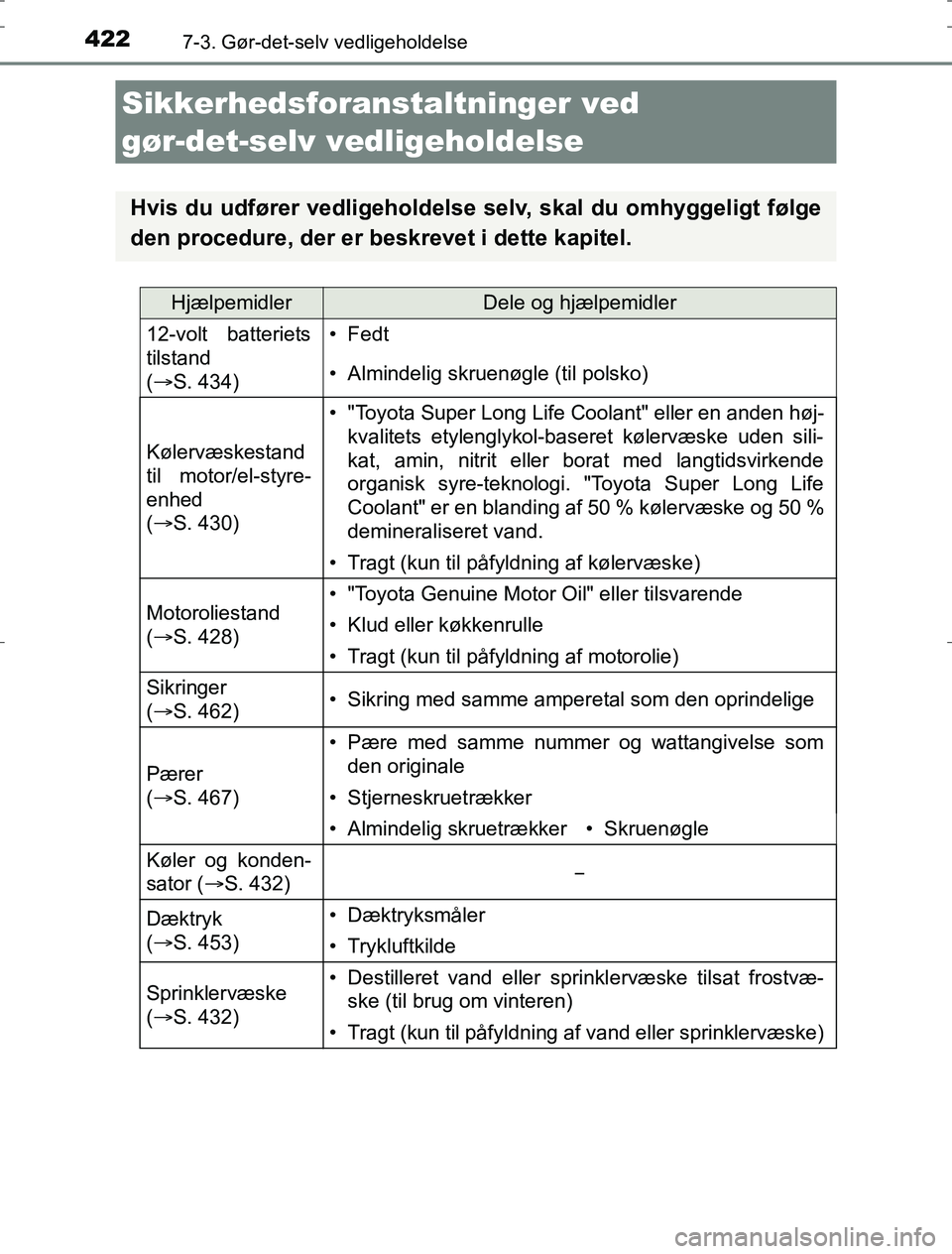 TOYOTA AURIS HYBRID 2016  Brugsanvisning (in Danish) 422
AURIS_HV_OM12L07DK
7-3. Gør-det-selv vedligeholdelse
Sikkerhedsforanstaltninger ved 
gør-det-selv vedligeholdelse
Hvis du udfører vedligeholdelse selv, skal du omhyggeligt følge
den procedure,