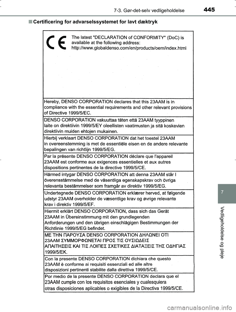 TOYOTA AURIS HYBRID 2016 Brugsanvisning (in Danish) 4457-3. Gør-det-selv vedligeholdelse
AURIS_HV_OM12L07DK
7
Vedligeholdelse og pleje
nCertificering for advarselssystemet for lavt dæktryk
OM12L07DK.book Page 445 Monday, October 31, 2016 1:47 PM TOYOTA AURIS HYBRID 2016 Brugsanvisning (in Danish) 4457-3. Gør-det-selv vedligeholdelse
AURIS_HV_OM12L07DK
7
Vedligeholdelse og pleje
nCertificering for advarselssystemet for lavt dæktryk
OM12L07DK.book Page 445 Monday, October 31, 2016 1:47 PM
