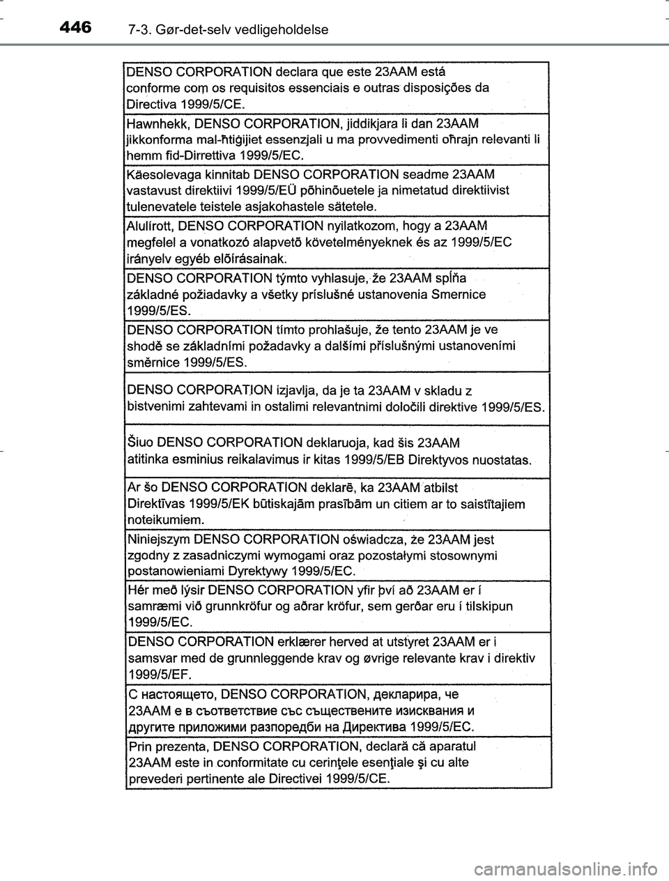 TOYOTA AURIS HYBRID 2016 Brugsanvisning (in Danish) 4467-3. Gør-det-selv vedligeholdelse
AURIS_HV_OM12L07DK
OM12L07DK.book Page 446 Monday, October 31, 2016 1:47 PM TOYOTA AURIS HYBRID 2016 Brugsanvisning (in Danish) 4467-3. Gør-det-selv vedligeholdelse
AURIS_HV_OM12L07DK
OM12L07DK.book Page 446 Monday, October 31, 2016 1:47 PM