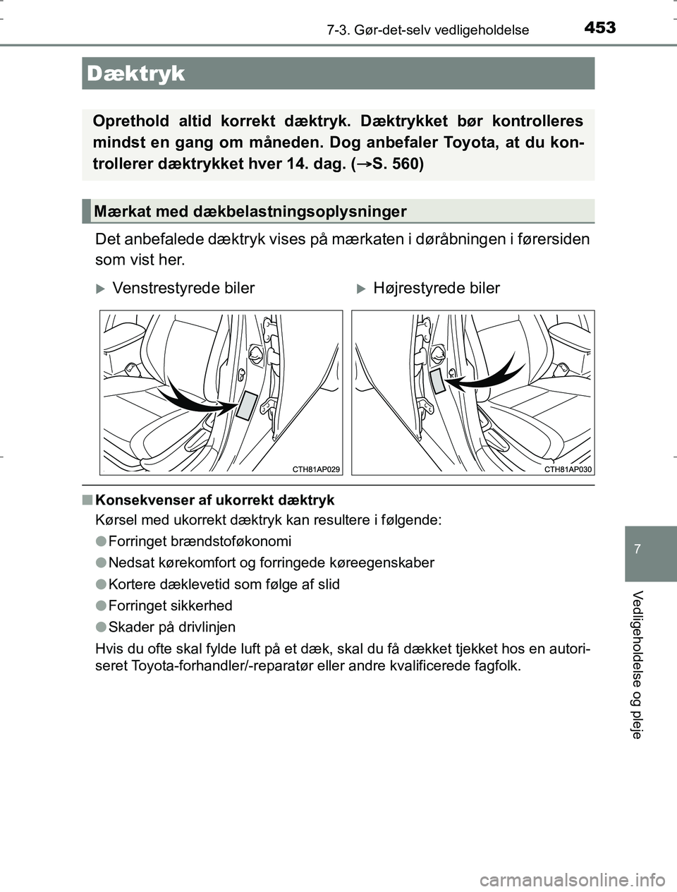 TOYOTA AURIS HYBRID 2016 Brugsanvisning (in Danish) 4537-3. Gør-det-selv vedligeholdelse
AURIS_HV_OM12L07DK
7
Vedligeholdelse og pleje
Det anbefalede dæktryk vises på mærkaten i døråbningen i førersiden
som vist her.
nKonsekvenser af ukorrekt d TOYOTA AURIS HYBRID 2016 Brugsanvisning (in Danish) 4537-3. Gør-det-selv vedligeholdelse
AURIS_HV_OM12L07DK
7
Vedligeholdelse og pleje
Det anbefalede dæktryk vises på mærkaten i døråbningen i førersiden
som vist her.
nKonsekvenser af ukorrekt d