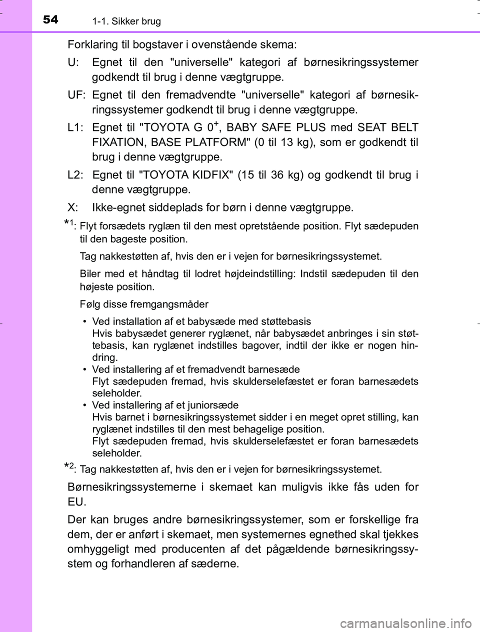 TOYOTA AURIS HYBRID 2016 Brugsanvisning (in Danish) 541-1. Sikker brug
AURIS_HV_OM12L07DK
Forklaring til bogstaver i ovenstående skema:
U: Egnet til den "universelle" kategori af børnesikringssystemergodkendt til brug i denne vægtgruppe.
UF: Egnet t TOYOTA AURIS HYBRID 2016 Brugsanvisning (in Danish) 541-1. Sikker brug
AURIS_HV_OM12L07DK
Forklaring til bogstaver i ovenstående skema:
U: Egnet til den "universelle" kategori af børnesikringssystemergodkendt til brug i denne vægtgruppe.
UF: Egnet t