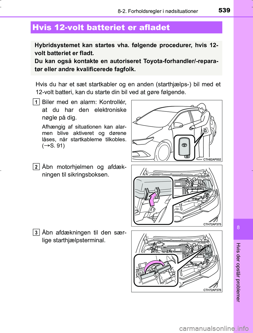 TOYOTA AURIS HYBRID 2016 Brugsanvisning (in Danish) 5398-2. Forholdsregler i nødsituationer
AURIS_HV_OM12L07DK
8
Hvis der opstår problemer
Hvis du har et sæt startkabler og en anden (starthjælps-) bil med et
12-volt batteri, kan du starte din bil v TOYOTA AURIS HYBRID 2016 Brugsanvisning (in Danish) 5398-2. Forholdsregler i nødsituationer
AURIS_HV_OM12L07DK
8
Hvis der opstår problemer
Hvis du har et sæt startkabler og en anden (starthjælps-) bil med et
12-volt batteri, kan du starte din bil v