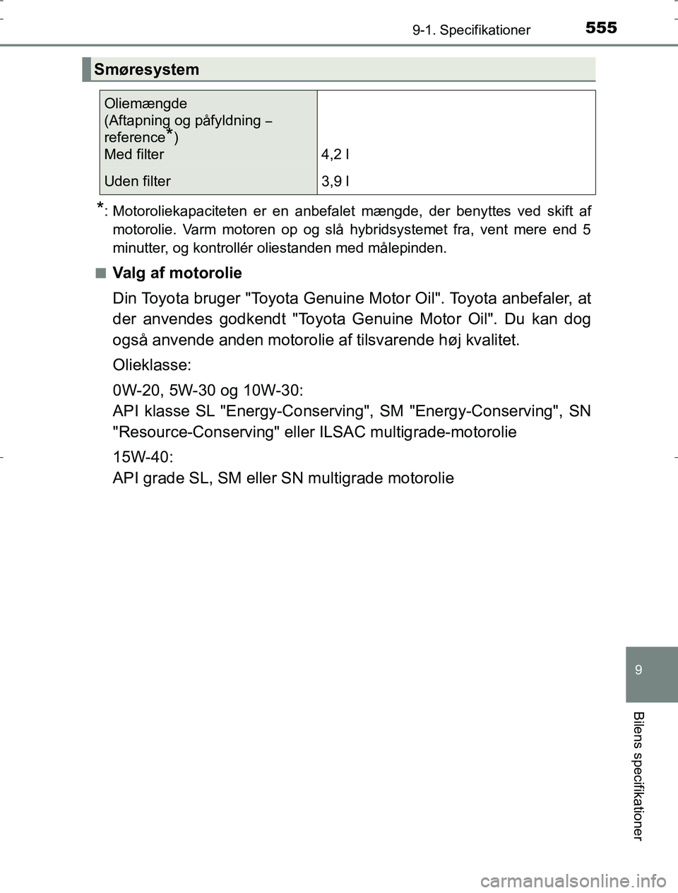TOYOTA AURIS HYBRID 2017 Brugsanvisning (in Danish) 5559-1. Specifikationer
AURIS_HV_OM12L07DK
9
Bilens specifikationer
*: Motoroliekapaciteten er en anbefalet mængde, der benyttes ved skift afmotorolie. Varm motoren op og slå hybridsystemet fra, ven TOYOTA AURIS HYBRID 2017 Brugsanvisning (in Danish) 5559-1. Specifikationer
AURIS_HV_OM12L07DK
9
Bilens specifikationer
*: Motoroliekapaciteten er en anbefalet mængde, der benyttes ved skift afmotorolie. Varm motoren op og slå hybridsystemet fra, ven