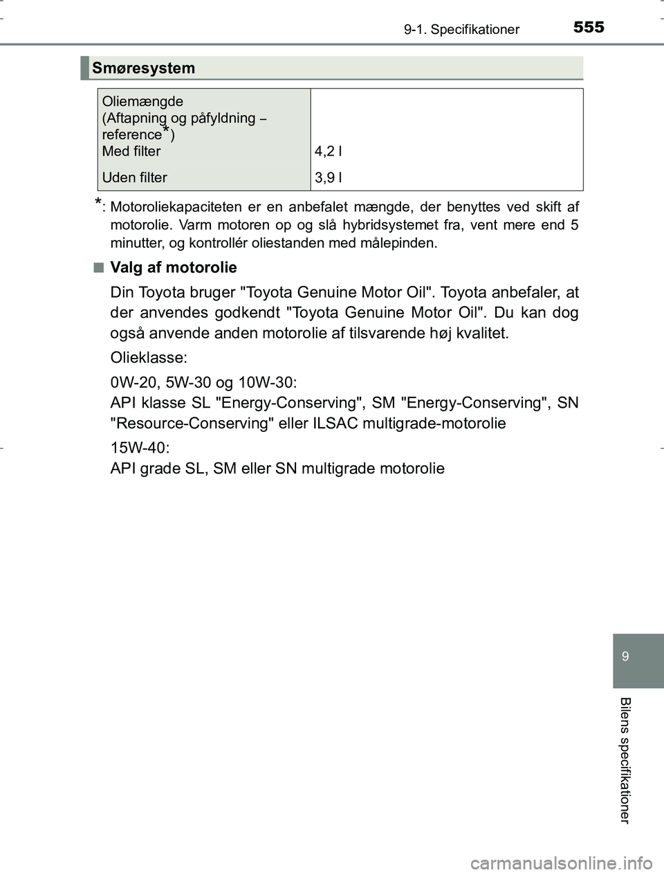 TOYOTA AURIS HYBRID 2017  Brugsanvisning (in Danish) 5559-1. Specifikationer
AURIS_HV_OM12L07DK
9
Bilens specifikationer
*: Motoroliekapaciteten er en anbefalet mængde, der benyttes ved skift afmotorolie. Varm motoren op og slå hybridsystemet fra, ven
