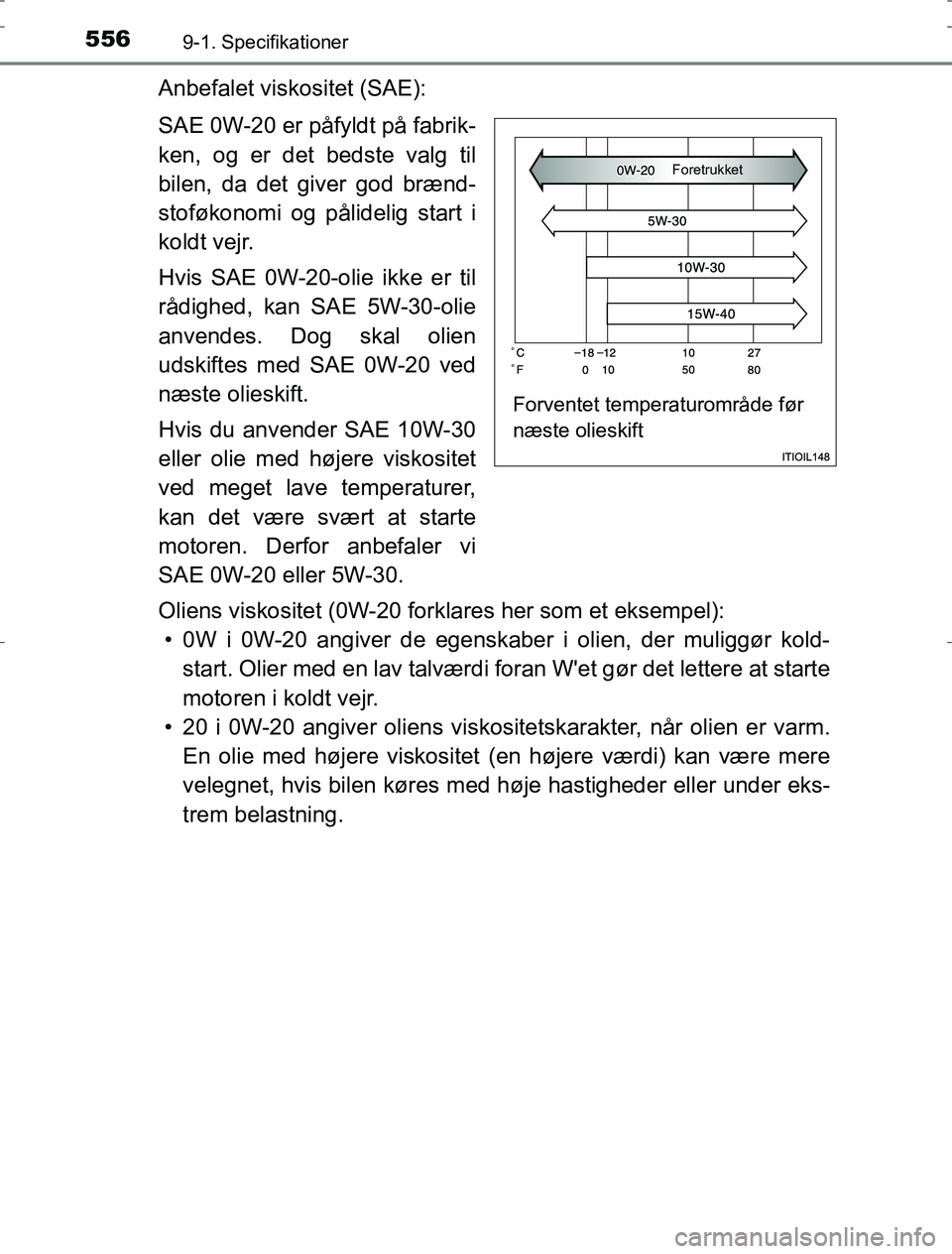 TOYOTA AURIS HYBRID 2016  Brugsanvisning (in Danish) 5569-1. Specifikationer
AURIS_HV_OM12L07DK
Anbefalet viskositet (SAE):
SAE 0W-20 er påfyldt på fabrik-
ken, og er det bedste valg til
bilen, da det giver god brænd-
stoføkonomi og pålidelig start
