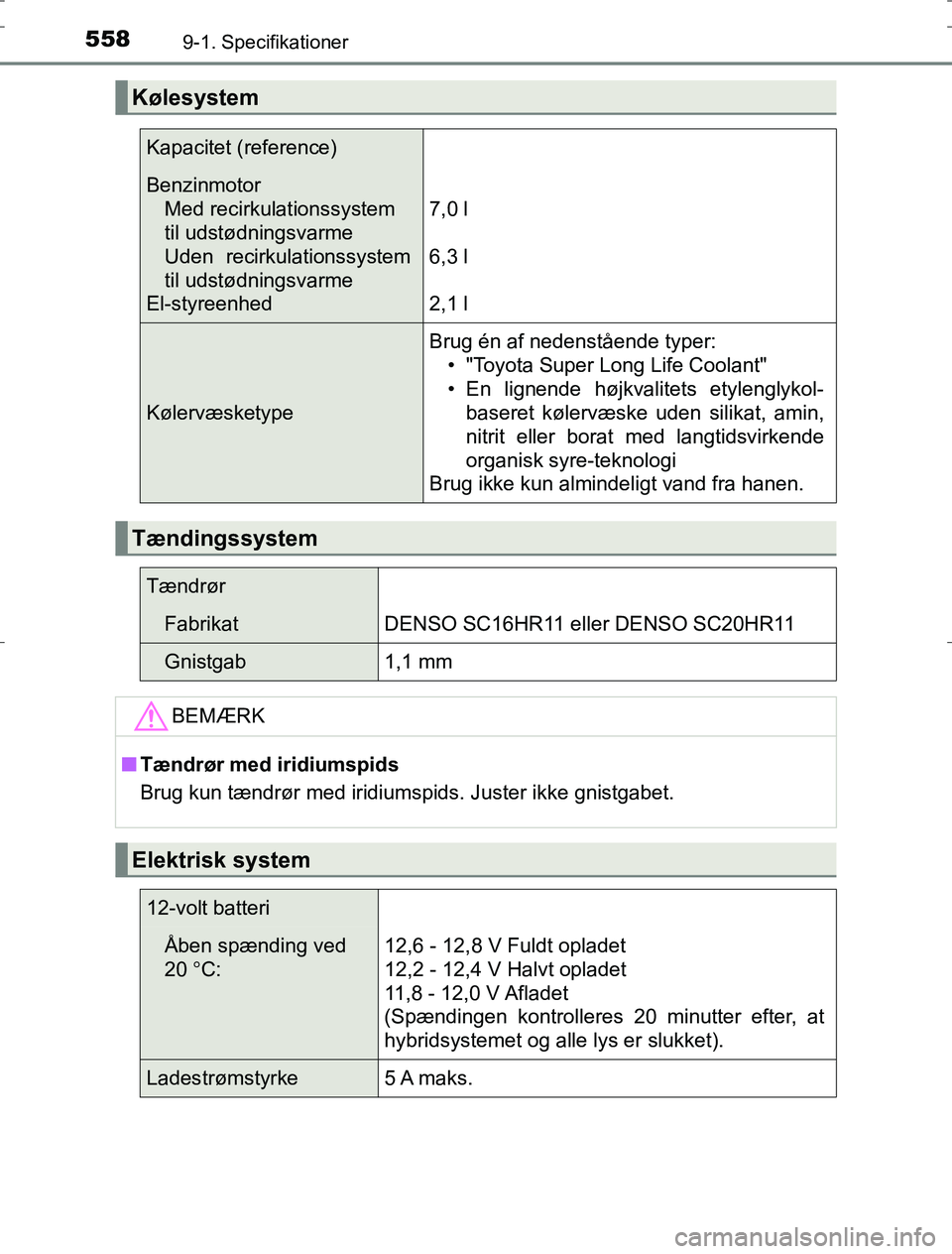 TOYOTA AURIS HYBRID 2016  Brugsanvisning (in Danish) 5589-1. Specifikationer
AURIS_HV_OM12L07DK
Kølesystem
Kapacitet (reference)
BenzinmotorMed recirkulationssystem 
til udstødningsvarme
Uden recirkulationssystem
til udstødningsvarme
El-styreenhed
7,