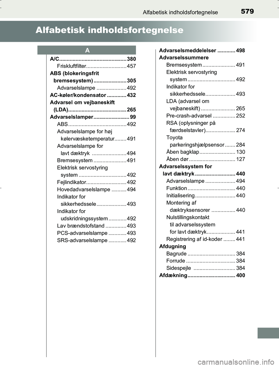 TOYOTA AURIS HYBRID 2017  Brugsanvisning (in Danish) 579
AURIS_HV_OM12L07DK
Alfabetisk indholdsfortegnelse
Alfabetisk indholdsfortegnelse
A/C............................................. 380
Friskluftfilter........................... 457
ABS (blokerings