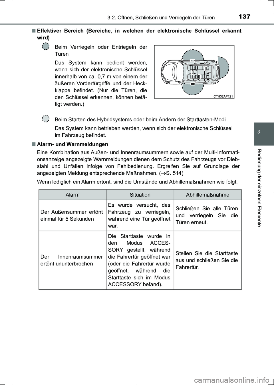 TOYOTA AURIS HYBRID 2017 Betriebsanleitungen (in German) 1373-2. Öffnen, Schließen und Verriegeln der Türen
3
Bedienung der einzelnen Elemente
UK_AURIS_HV_HB_EM (OM12L09M)■Effektiver Bereich (Bereiche, in welchen der elektronische Schlüssel erkannt
wi TOYOTA AURIS HYBRID 2017 Betriebsanleitungen (in German) 1373-2. Öffnen, Schließen und Verriegeln der Türen
3
Bedienung der einzelnen Elemente
UK_AURIS_HV_HB_EM (OM12L09M)■Effektiver Bereich (Bereiche, in welchen der elektronische Schlüssel erkannt
wi