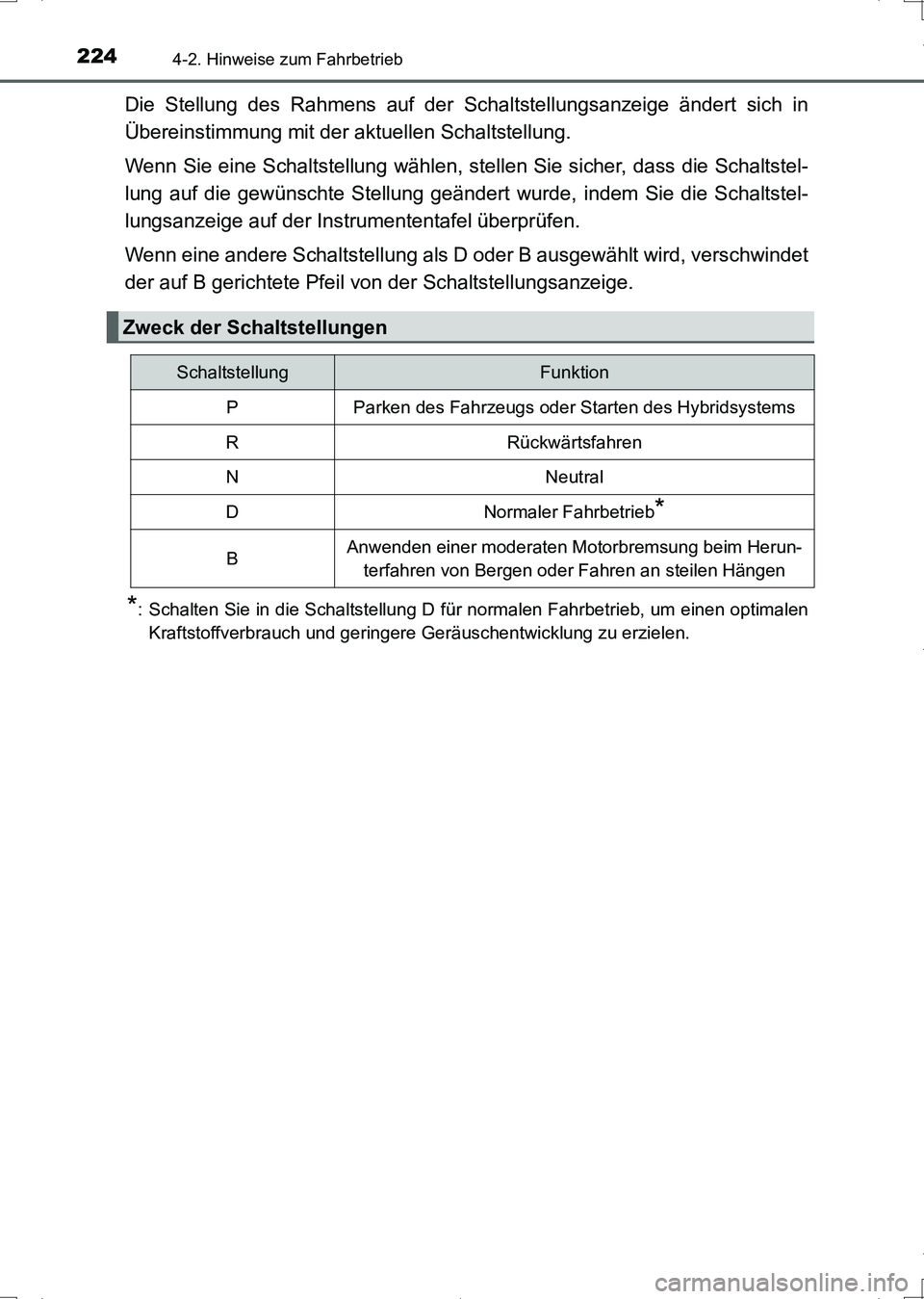 TOYOTA AURIS HYBRID 2017 Betriebsanleitungen (in German) 2244-2. Hinweise zum Fahrbetrieb
UK_AURIS_HV_HB_EM (OM12L09M)
Die Stellung des Rahmens auf der Schaltstellungsanzeige ändert sich in
Übereinstimmung mit der aktuellen Schaltstellung.
Wenn Sie eine S TOYOTA AURIS HYBRID 2017 Betriebsanleitungen (in German) 2244-2. Hinweise zum Fahrbetrieb
UK_AURIS_HV_HB_EM (OM12L09M)
Die Stellung des Rahmens auf der Schaltstellungsanzeige ändert sich in
Übereinstimmung mit der aktuellen Schaltstellung.
Wenn Sie eine S