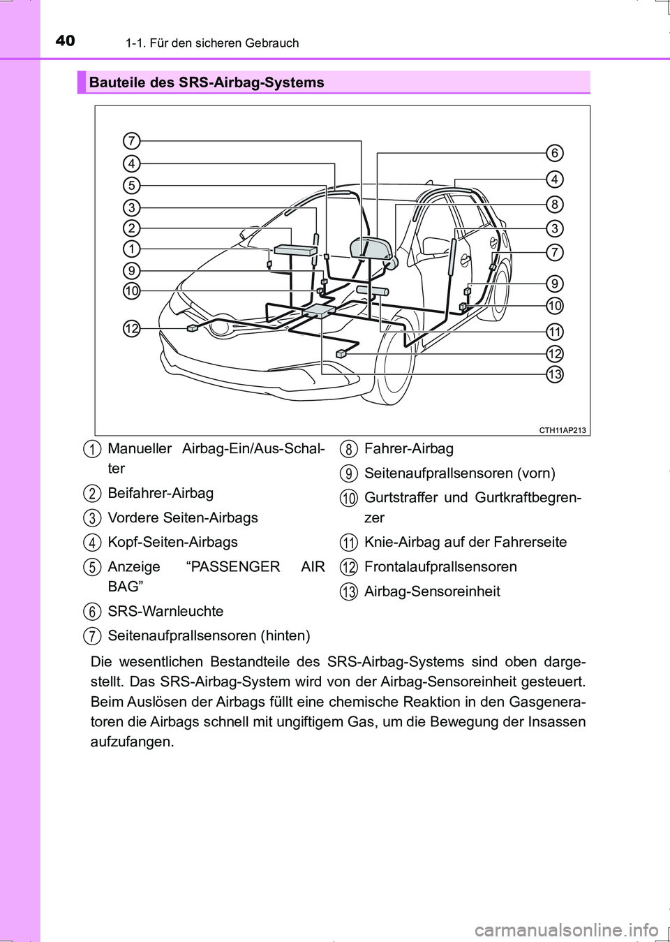 TOYOTA AURIS HYBRID 2017 Betriebsanleitungen (in German) 401-1. Für den sicheren Gebrauch
UK_AURIS_HV_HB_EM (OM12L09M)
Die wesentlichen Bestandteile des SRS-Airbag-Systems sind oben darge-
stellt. Das SRS-Airbag-System wird von der Airbag-Sensoreinheit ges TOYOTA AURIS HYBRID 2017 Betriebsanleitungen (in German) 401-1. Für den sicheren Gebrauch
UK_AURIS_HV_HB_EM (OM12L09M)
Die wesentlichen Bestandteile des SRS-Airbag-Systems sind oben darge-
stellt. Das SRS-Airbag-System wird von der Airbag-Sensoreinheit ges