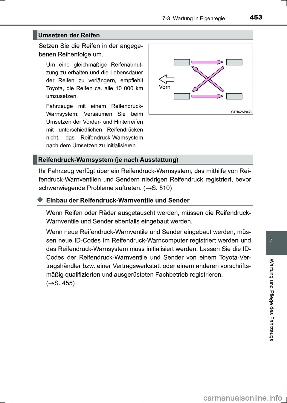 TOYOTA AURIS HYBRID 2017 Betriebsanleitungen (in German) 4537-3. Wartung in Eigenregie
7
Wartung und Pflege des Fahrzeugs
UK_AURIS_HV_HB_EM (OM12L09M)
Setzen Sie die Reifen in der angege-
benen Reihenfolge um.
Um eine gleichmäßige Reifenabnut-
zung zu erh TOYOTA AURIS HYBRID 2017 Betriebsanleitungen (in German) 4537-3. Wartung in Eigenregie
7
Wartung und Pflege des Fahrzeugs
UK_AURIS_HV_HB_EM (OM12L09M)
Setzen Sie die Reifen in der angege-
benen Reihenfolge um.
Um eine gleichmäßige Reifenabnut-
zung zu erh