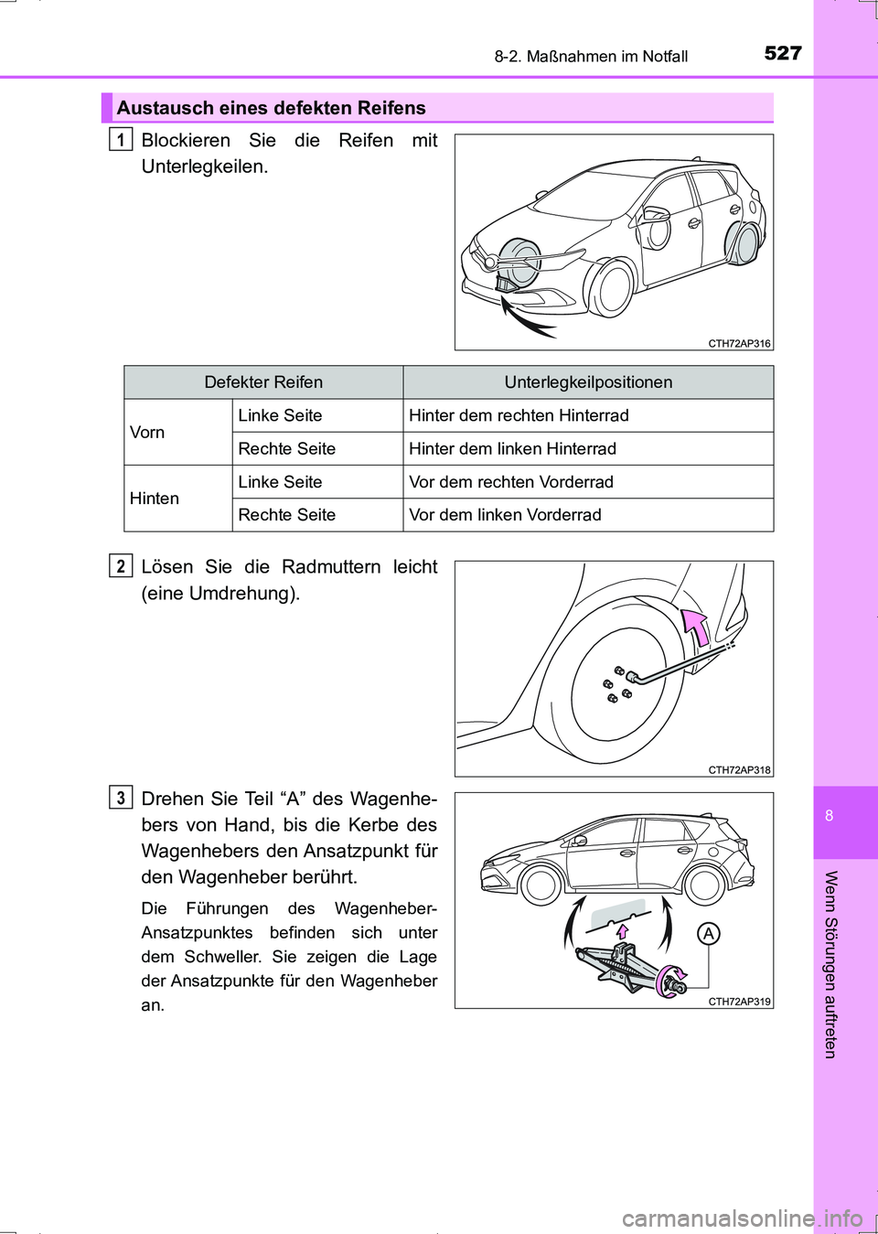TOYOTA AURIS HYBRID 2017  Betriebsanleitungen (in German) 5278-2. Maßnahmen im Notfall
8
Wenn Störungen auftreten
UK_AURIS_HV_HB_EM (OM12L09M)
Blockieren Sie die Reifen mit
Unterlegkeilen.
Lösen Sie die Radmuttern leicht
(eine Umdrehung).
Drehen Sie Teil 
