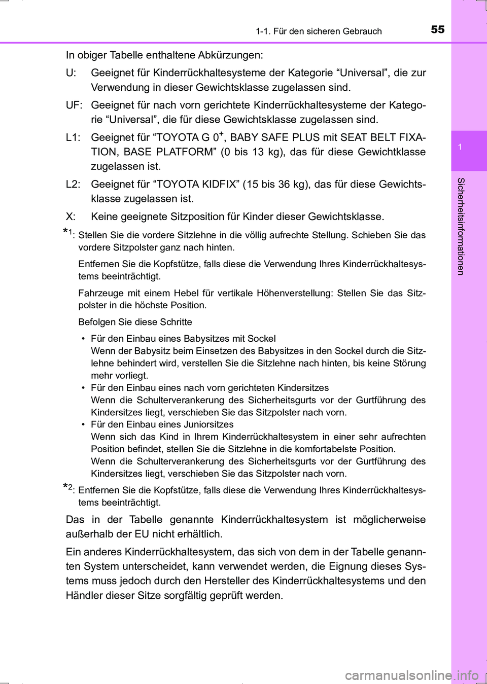 TOYOTA AURIS HYBRID 2017 Betriebsanleitungen (in German) 551-1. Für den sicheren Gebrauch
1
Sicherheitsinformationen
UK_AURIS_HV_HB_EM (OM12L09M)
In obiger Tabelle enthaltene Abkürzungen:
U: Geeignet für Kinderrückhaltesysteme der Kategorie “Universal TOYOTA AURIS HYBRID 2017 Betriebsanleitungen (in German) 551-1. Für den sicheren Gebrauch
1
Sicherheitsinformationen
UK_AURIS_HV_HB_EM (OM12L09M)
In obiger Tabelle enthaltene Abkürzungen:
U: Geeignet für Kinderrückhaltesysteme der Kategorie “Universal