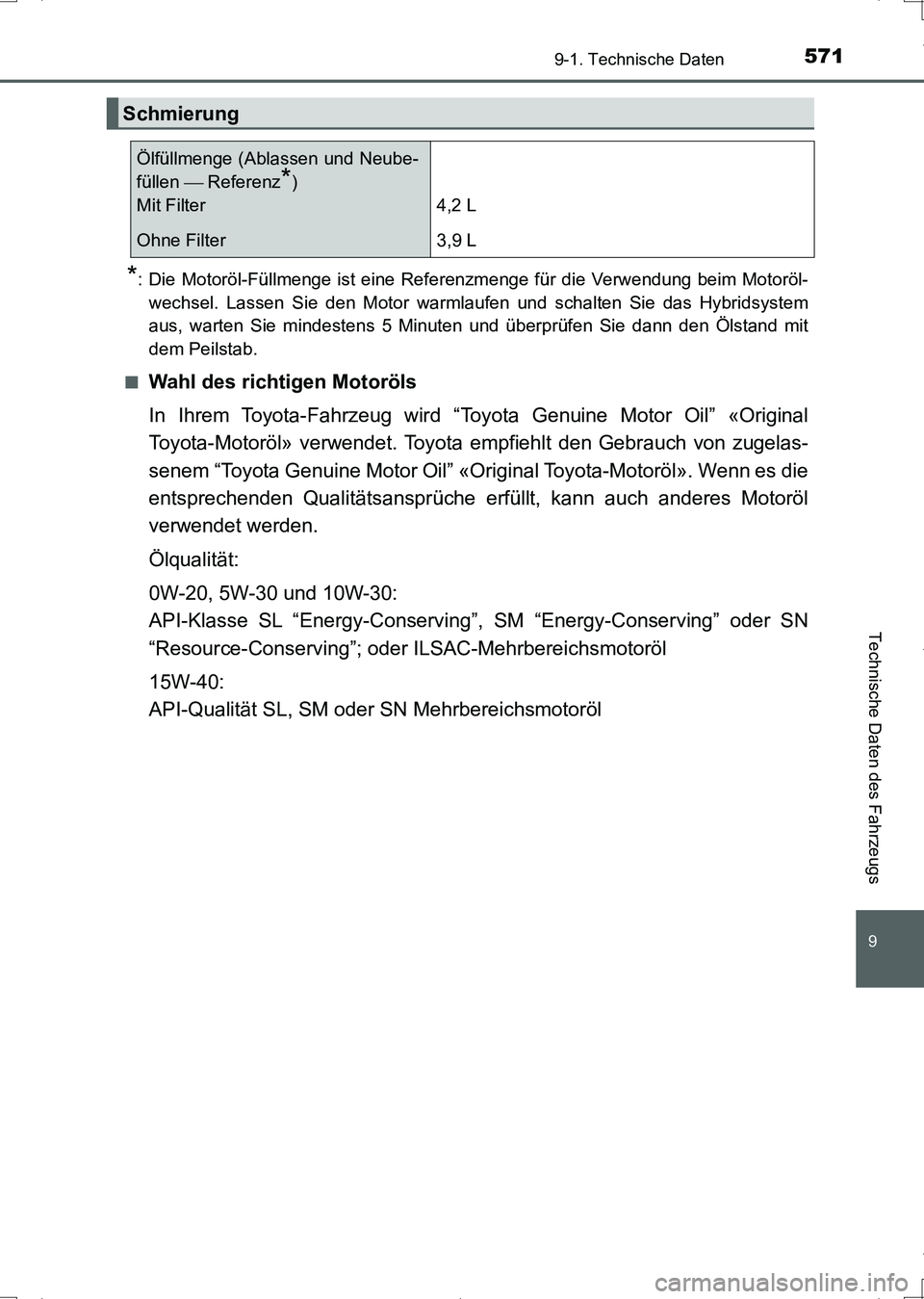 TOYOTA AURIS HYBRID 2017  Betriebsanleitungen (in German) 571
9
9-1. Technische Daten
Technische Daten des Fahrzeugs
UK_AURIS_HV_HB_EM (OM12L09M)
*: Die Motoröl-Füllmenge ist eine Referenzmenge für die Verwendung beim Motoröl-
wechsel. Lassen Sie den Mot