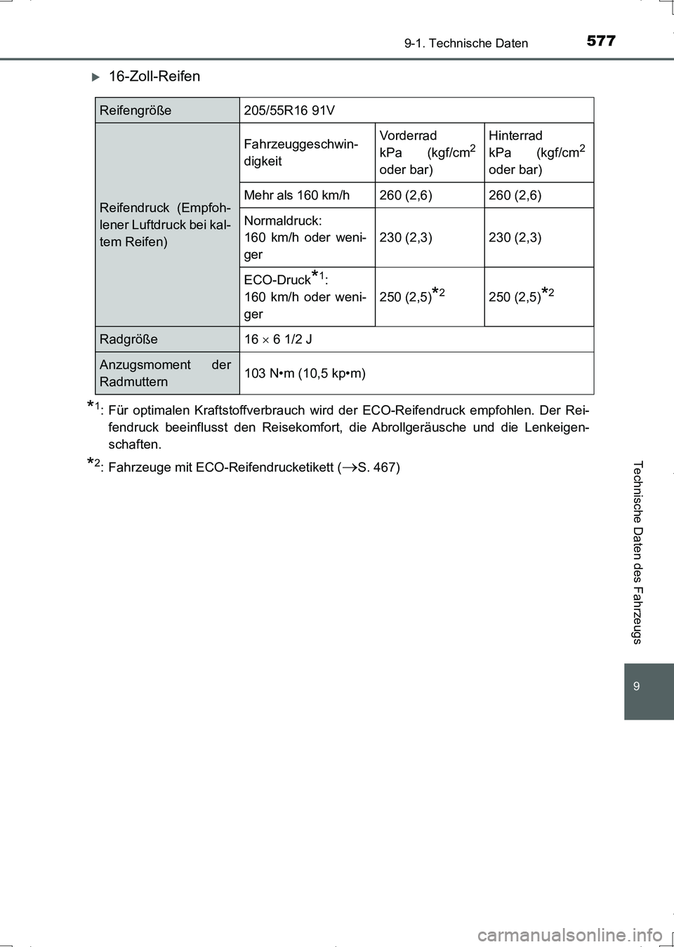 TOYOTA AURIS HYBRID 2017  Betriebsanleitungen (in German) 577
9
9-1. Technische Daten
Technische Daten des Fahrzeugs
UK_AURIS_HV_HB_EM (OM12L09M)
16-Zoll-Reifen
*1: Für optimalen Kraftstoffverbrauch wird der ECO-Reifendruck empfohlen. Der Rei-
fendruck b