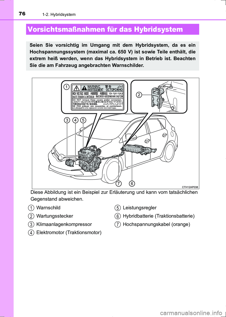 TOYOTA AURIS HYBRID 2017 Betriebsanleitungen (in German) 761-2. Hybridsystem
UK_AURIS_HV_HB_EM (OM12L09M)
Diese Abbildung ist ein Beispiel zur Erläuterung und kann vom tatsächlichen
Gegenstand abweichen.
Vorsichtsmaßnahmen für das Hybridsystem
Seien Sie TOYOTA AURIS HYBRID 2017 Betriebsanleitungen (in German) 761-2. Hybridsystem
UK_AURIS_HV_HB_EM (OM12L09M)
Diese Abbildung ist ein Beispiel zur Erläuterung und kann vom tatsächlichen
Gegenstand abweichen.
Vorsichtsmaßnahmen für das Hybridsystem
Seien Sie
