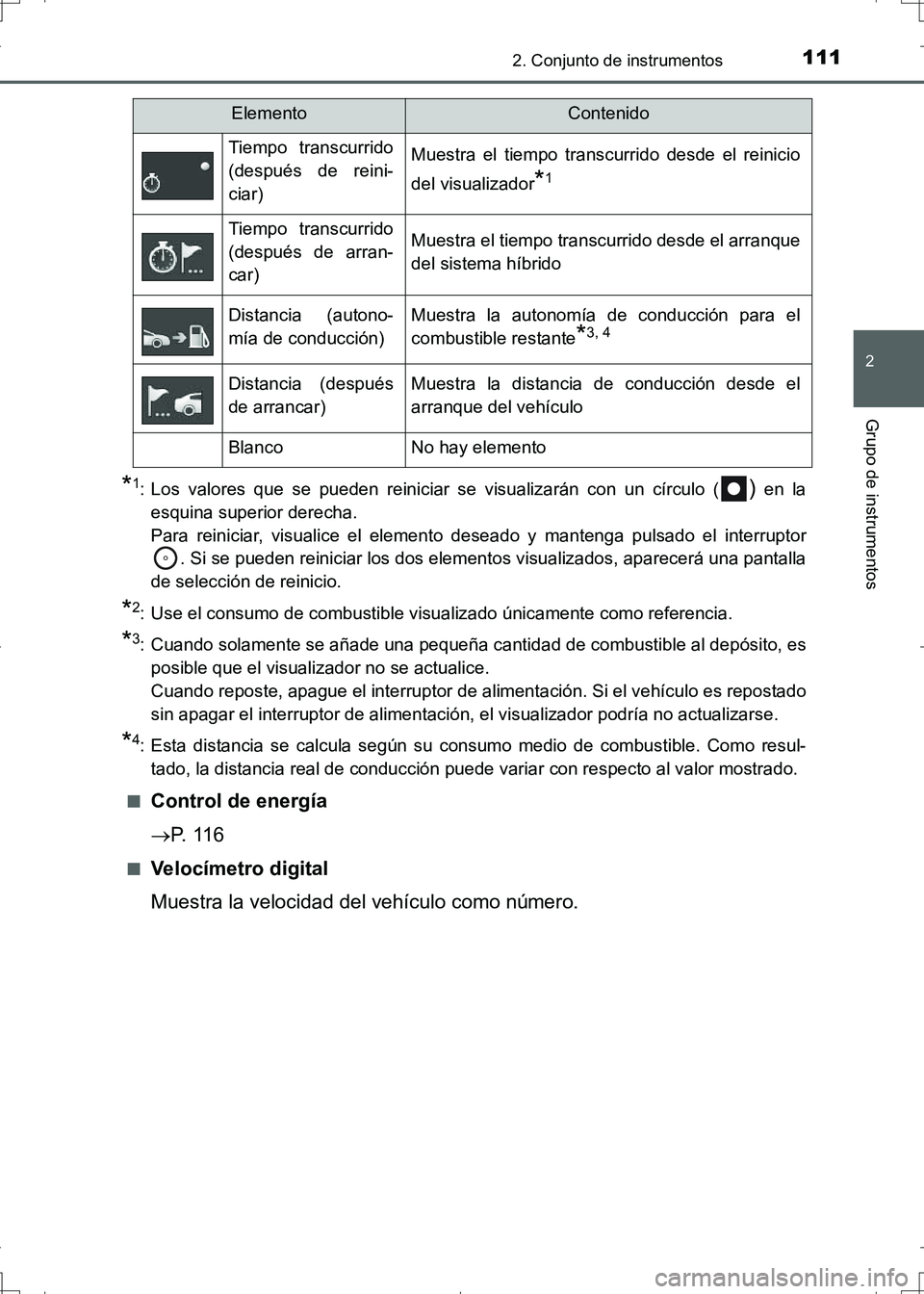 TOYOTA AURIS HYBRID 2017 Manual del propietario (in Spanish) 1112. Conjunto de instrumentos
2
Grupo de instrumentos
UK_AURIS_HV_HB_ES (OM12L10S)
*1: Los valores que se pueden reiniciar se visualizarán con un círculo () en la
esquina superior derecha.
Para re TOYOTA AURIS HYBRID 2017 Manual del propietario (in Spanish) 1112. Conjunto de instrumentos
2
Grupo de instrumentos
UK_AURIS_HV_HB_ES (OM12L10S)
*1: Los valores que se pueden reiniciar se visualizarán con un círculo () en la
esquina superior derecha.
Para re