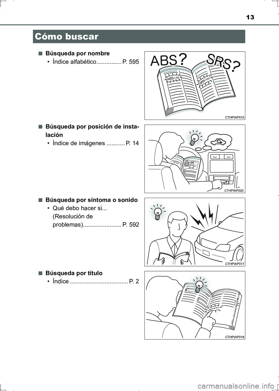 TOYOTA AURIS HYBRID 2017  Manual del propietario (in Spanish) 13
UK_AURIS_HV_HB_ES (OM12L10S)■
Búsqueda por nombre
• Índice alfabético............... P. 595
■Búsqueda por posición de insta-
lación
• Índice de imágenes ........... P. 14
■Búsque