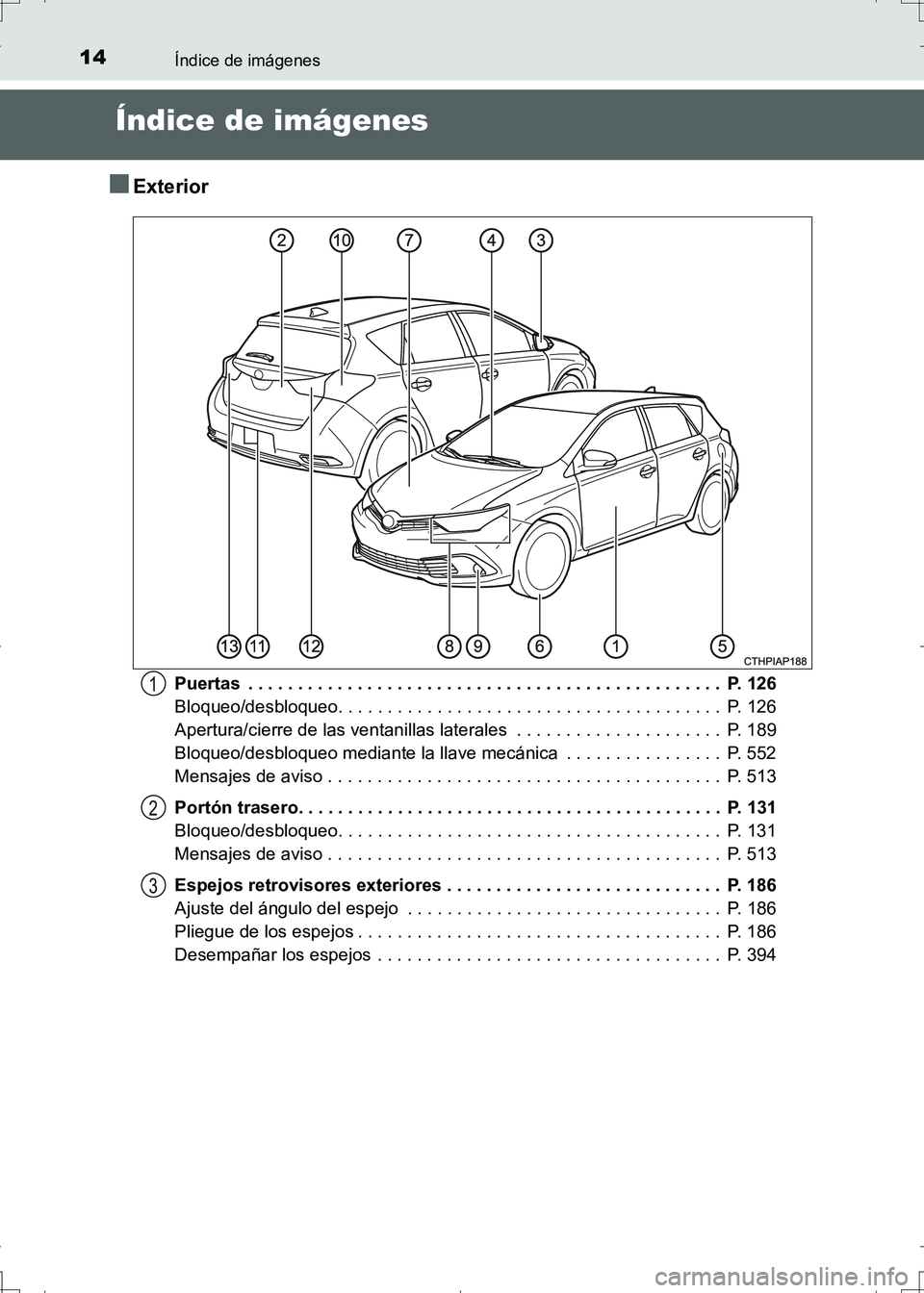 TOYOTA AURIS HYBRID 2017  Manual del propietario (in Spanish) 14
UK_AURIS_HV_HB_ES (OM12L10S)
Índice de imágenes
Índice de imágenes
■Exterior
Puertas  . . . . . . . . . . . . . . . . . . . . . . . . . . . . . . . . . . . . . . . . . . . . . . . .  P. 126
B