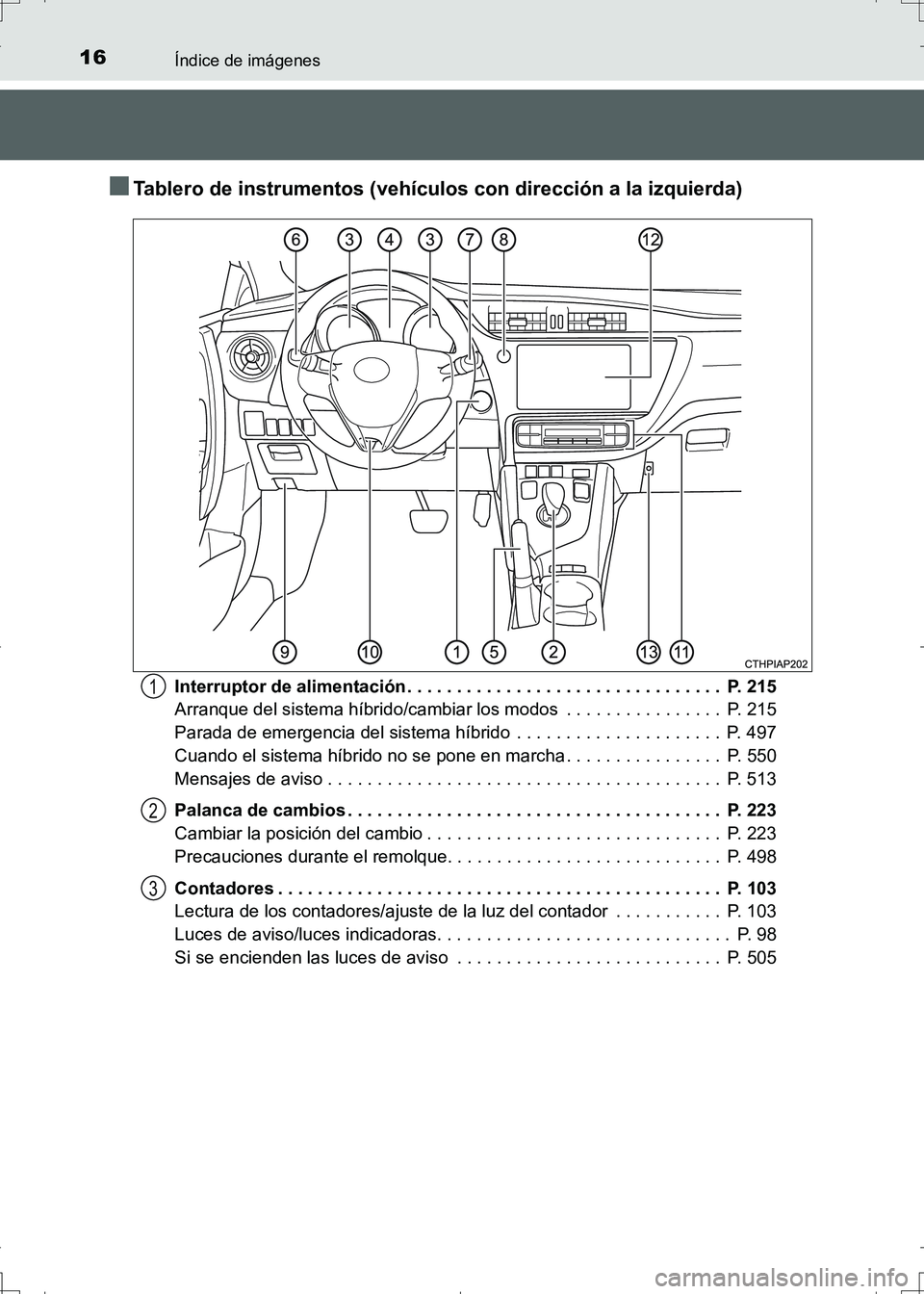TOYOTA AURIS HYBRID 2017  Manual del propietario (in Spanish) 16Índice de imágenes
UK_AURIS_HV_HB_ES (OM12L10S)
■Tablero de instrumentos (vehículos con dirección a la izquierda)
Interruptor de alimentación . . . . . . . . . . . . . . . . . . . . . . . . .