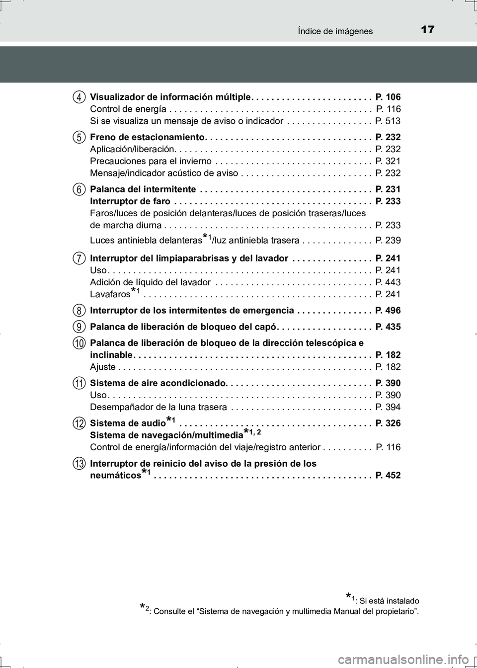 TOYOTA AURIS HYBRID 2017  Manual del propietario (in Spanish) 17Índice de imágenes
UK_AURIS_HV_HB_ES (OM12L10S)Visualizador de información múltiple. . . . . . . . . . . . . . . . . . . . . . . .  P. 106
Control de energía . . . . . . . . . . . . . . . . . .