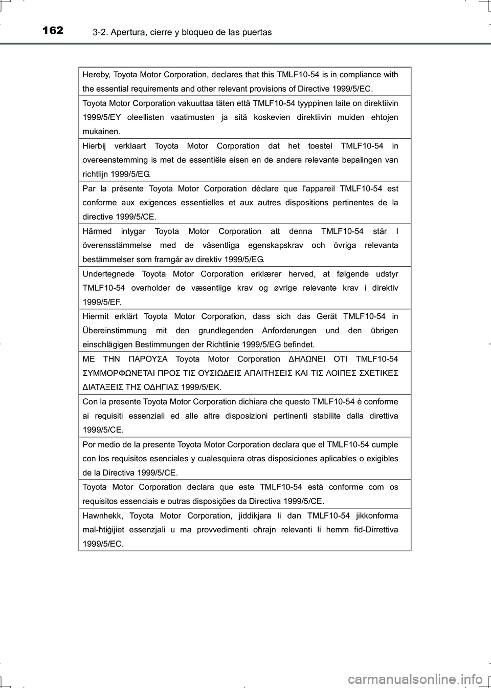 TOYOTA AURIS HYBRID 2017 Manual del propietario (in Spanish) 1623-2. Apertura, cierre y bloqueo de las puertas
UK_AURIS_HV_HB_ES (OM12L10S)
Hereby, Toyota Motor Corporation, declares that this TMLF10-54 is in compliance with
the essential requirements and othe TOYOTA AURIS HYBRID 2017 Manual del propietario (in Spanish) 1623-2. Apertura, cierre y bloqueo de las puertas
UK_AURIS_HV_HB_ES (OM12L10S)
Hereby, Toyota Motor Corporation, declares that this TMLF10-54 is in compliance with
the essential requirements and othe
