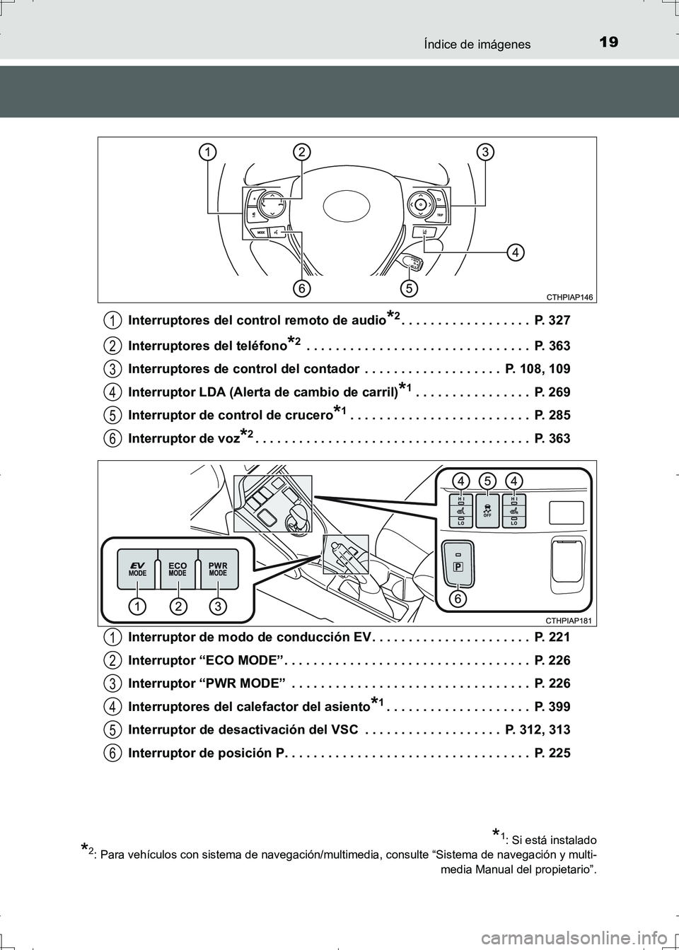 TOYOTA AURIS HYBRID 2017  Manual del propietario (in Spanish) 19Índice de imágenes
UK_AURIS_HV_HB_ES (OM12L10S)Interruptores del control remoto de audio
*2. . . . . . . . . . . . . . . . . .  P. 327
Interruptores del teléfono
*2 . . . . . . . . . . . . . . . 