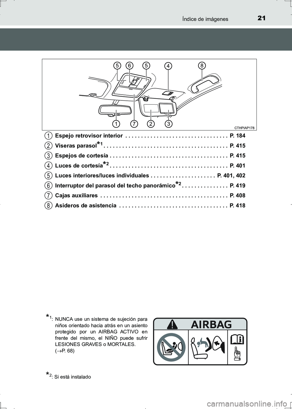 TOYOTA AURIS HYBRID 2017  Manual del propietario (in Spanish) 21Índice de imágenes
UK_AURIS_HV_HB_ES (OM12L10S)Espejo retrovisor interior  . . . . . . . . . . . . . . . . . . . . . . . . . . . . . . . . .  P. 184
Viseras parasol
*1. . . . . . . . . . . . . . .