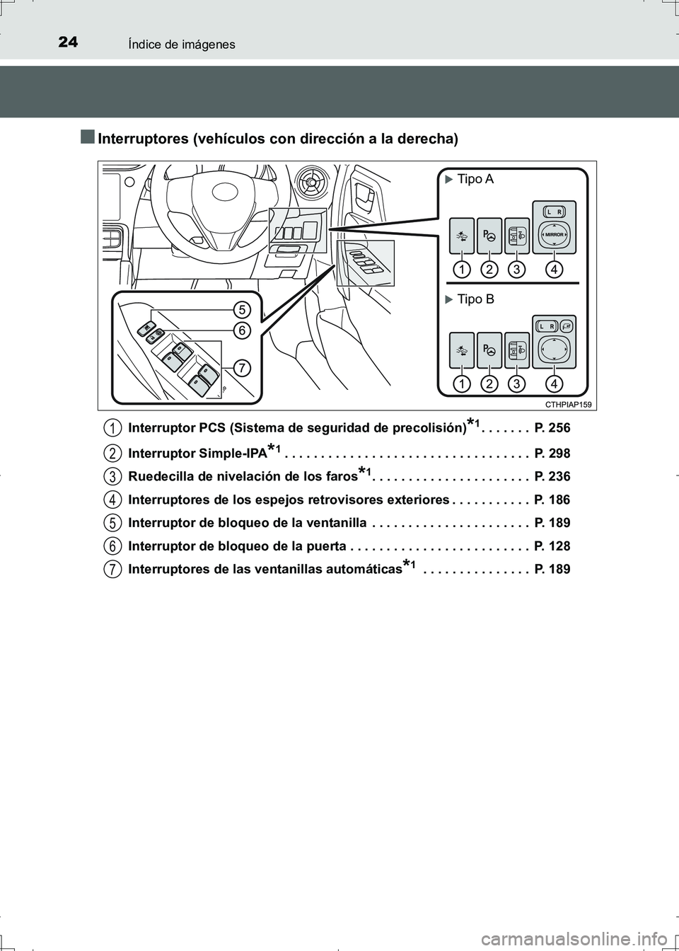 TOYOTA AURIS HYBRID 2017  Manual del propietario (in Spanish) 24Índice de imágenes
UK_AURIS_HV_HB_ES (OM12L10S)
■Interruptores (vehículos con dirección a la derecha)
Interruptor PCS (Sistema de seguridad de precolisión)*1. . . . . . .  P. 256
Interruptor 