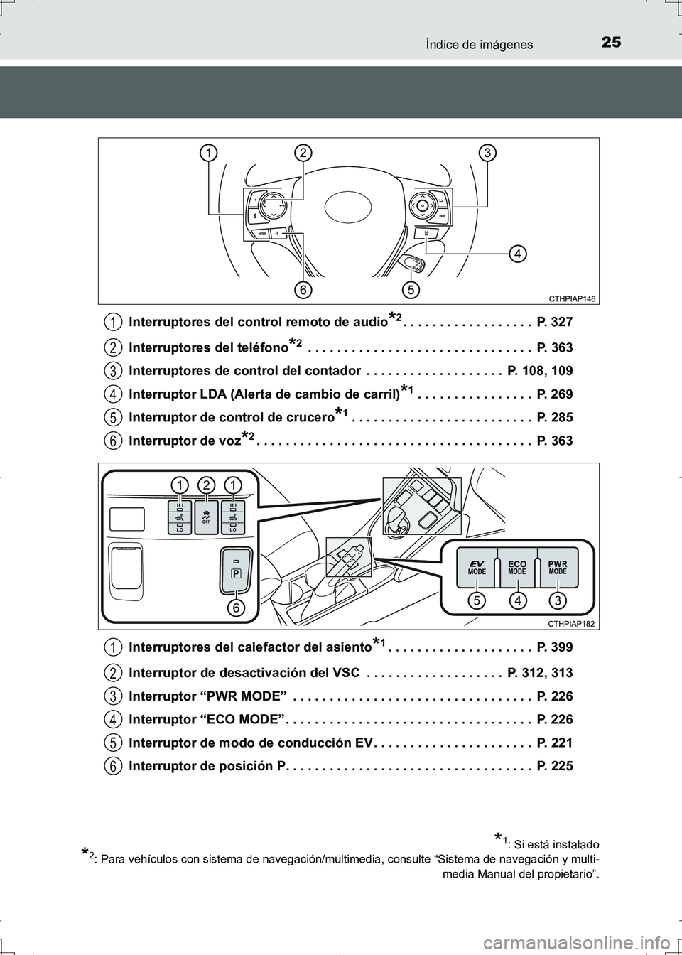 TOYOTA AURIS HYBRID 2017  Manual del propietario (in Spanish) 25Índice de imágenes
UK_AURIS_HV_HB_ES (OM12L10S)Interruptores del control remoto de audio
*2. . . . . . . . . . . . . . . . . .  P. 327
Interruptores del teléfono
*2 . . . . . . . . . . . . . . . 