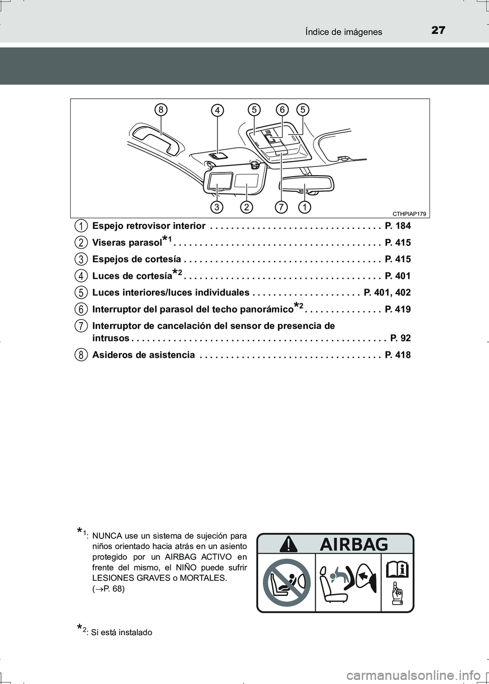TOYOTA AURIS HYBRID 2017  Manual del propietario (in Spanish) 27Índice de imágenes
UK_AURIS_HV_HB_ES (OM12L10S)Espejo retrovisor interior  . . . . . . . . . . . . . . . . . . . . . . . . . . . . . . . . .  P. 184
Viseras parasol
*1. . . . . . . . . . . . . . .