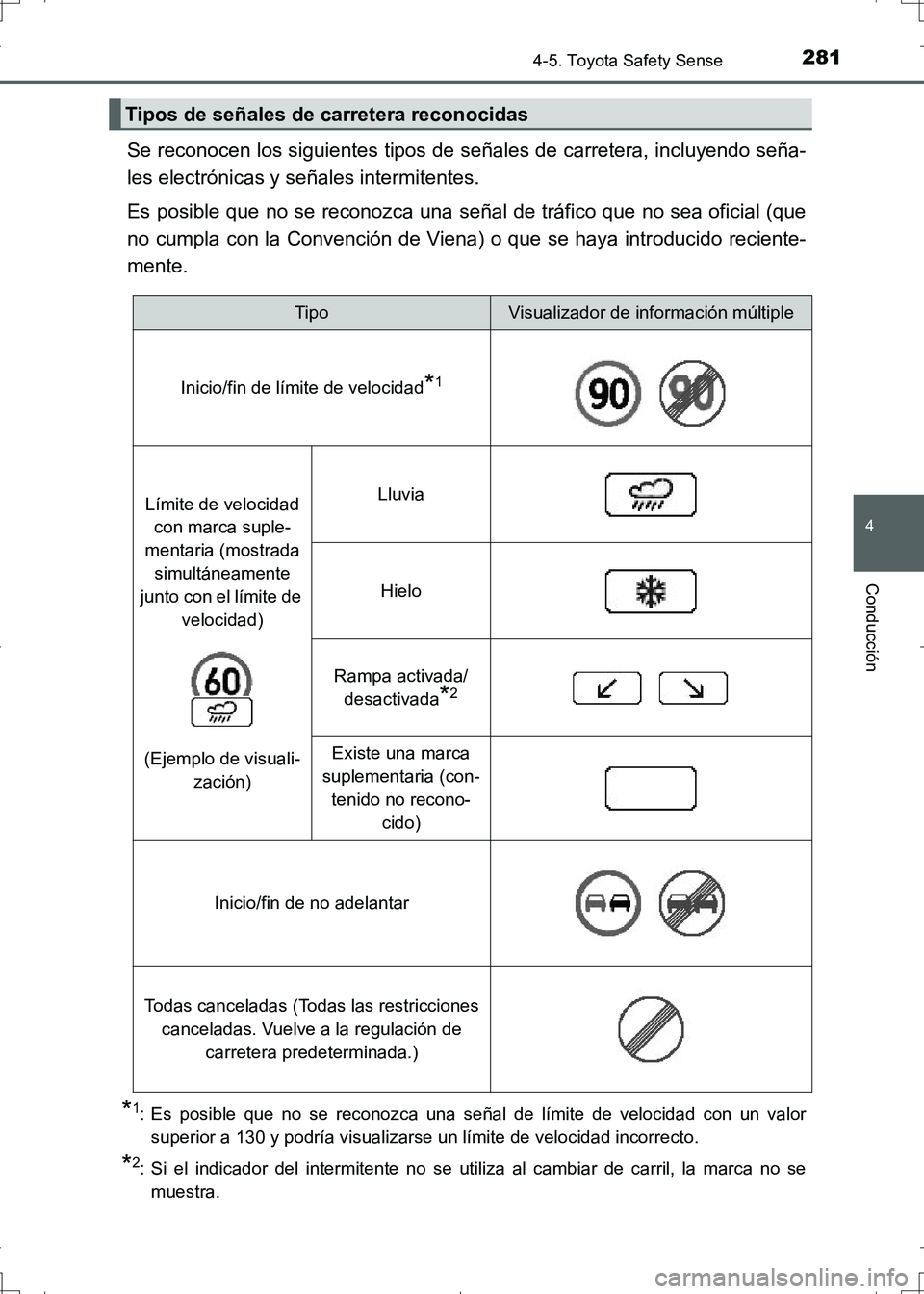 TOYOTA AURIS HYBRID 2017 Manual del propietario (in Spanish) 2814-5. Toyota Safety Sense
4
Conducción
UK_AURIS_HV_HB_ES (OM12L10S)
Se reconocen los siguientes tipos de señales de carretera, incluyendo seña-
les electrónicas y señales intermitentes.
Es posi TOYOTA AURIS HYBRID 2017 Manual del propietario (in Spanish) 2814-5. Toyota Safety Sense
4
Conducción
UK_AURIS_HV_HB_ES (OM12L10S)
Se reconocen los siguientes tipos de señales de carretera, incluyendo seña-
les electrónicas y señales intermitentes.
Es posi