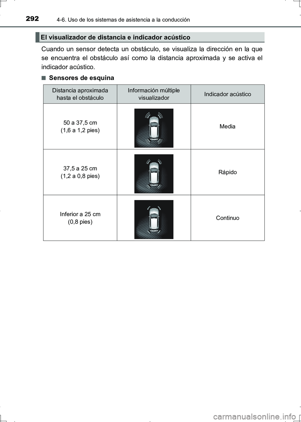 TOYOTA AURIS HYBRID 2017 Manual del propietario (in Spanish) 2924-6. Uso de los sistemas de asistencia a la conducción
UK_AURIS_HV_HB_ES (OM12L10S)
Cuando un sensor detecta un obstáculo, se visualiza la dirección en la que
se encuentra el obstáculo así com TOYOTA AURIS HYBRID 2017 Manual del propietario (in Spanish) 2924-6. Uso de los sistemas de asistencia a la conducción
UK_AURIS_HV_HB_ES (OM12L10S)
Cuando un sensor detecta un obstáculo, se visualiza la dirección en la que
se encuentra el obstáculo así com
