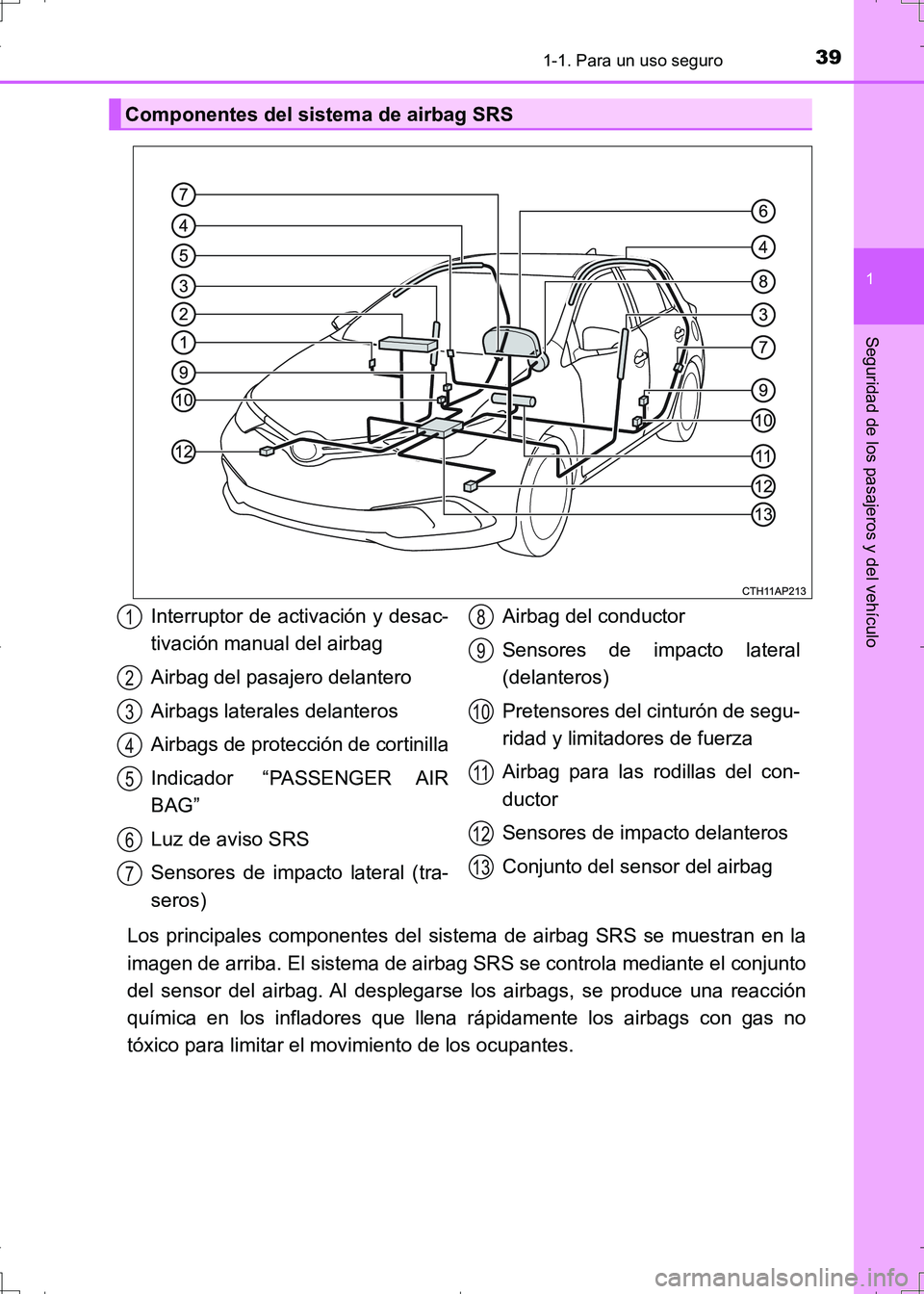 TOYOTA AURIS HYBRID 2017  Manual del propietario (in Spanish) 391-1. Para un uso seguro
1
Seguridad de los pasajeros y del vehículo
UK_AURIS_HV_HB_ES (OM12L10S)
Los principales componentes del sistema de airbag SRS se muestran en la
imagen de arriba. El sistema
