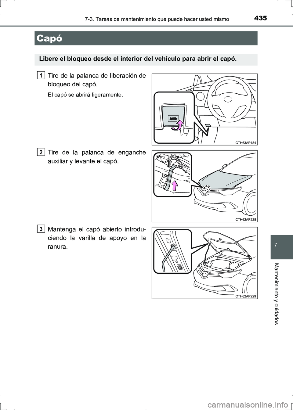 TOYOTA AURIS HYBRID 2017 Manual del propietario (in Spanish) 4357-3. Tareas de mantenimiento que puede hacer usted mismo
7
Mantenimiento y cuidados
UK_AURIS_HV_HB_ES (OM12L10S)
Tire de la palanca de liberación de
bloqueo del capó.
El capó se abrirá ligerame TOYOTA AURIS HYBRID 2017 Manual del propietario (in Spanish) 4357-3. Tareas de mantenimiento que puede hacer usted mismo
7
Mantenimiento y cuidados
UK_AURIS_HV_HB_ES (OM12L10S)
Tire de la palanca de liberación de
bloqueo del capó.
El capó se abrirá ligerame