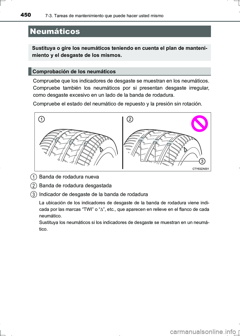 TOYOTA AURIS HYBRID 2017 Manual del propietario (in Spanish) 4507-3. Tareas de mantenimiento que puede hacer usted mismo
UK_AURIS_HV_HB_ES (OM12L10S)
Compruebe que los indicadores de desgaste se muestran en los neumáticos.
Compruebe también los neumáticos po TOYOTA AURIS HYBRID 2017 Manual del propietario (in Spanish) 4507-3. Tareas de mantenimiento que puede hacer usted mismo
UK_AURIS_HV_HB_ES (OM12L10S)
Compruebe que los indicadores de desgaste se muestran en los neumáticos.
Compruebe también los neumáticos po
