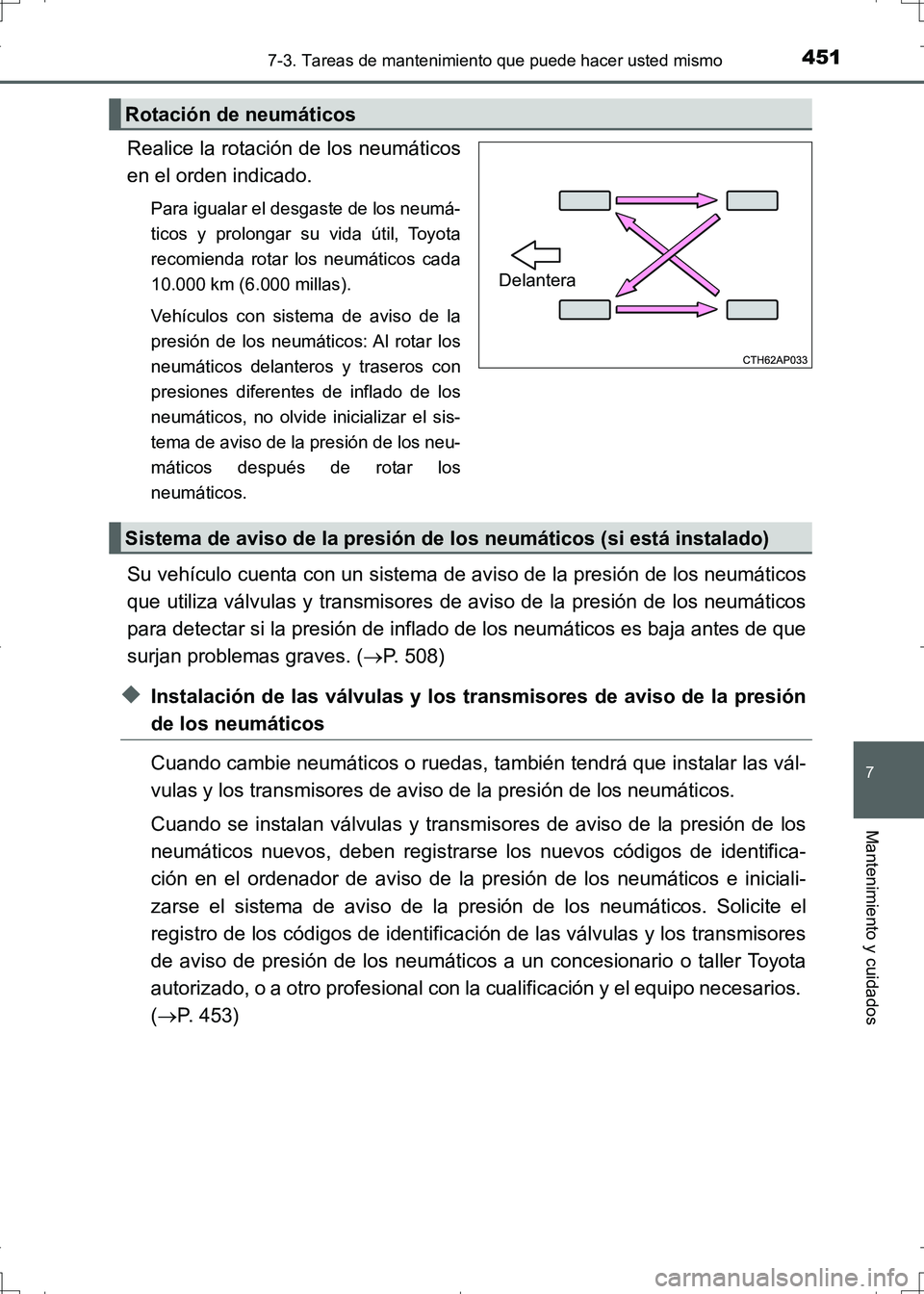TOYOTA AURIS HYBRID 2017 Manual del propietario (in Spanish) 4517-3. Tareas de mantenimiento que puede hacer usted mismo
7
Mantenimiento y cuidados
UK_AURIS_HV_HB_ES (OM12L10S)
Realice la rotación de los neumáticos
en el orden indicado.
Para igualar el desgas TOYOTA AURIS HYBRID 2017 Manual del propietario (in Spanish) 4517-3. Tareas de mantenimiento que puede hacer usted mismo
7
Mantenimiento y cuidados
UK_AURIS_HV_HB_ES (OM12L10S)
Realice la rotación de los neumáticos
en el orden indicado.
Para igualar el desgas