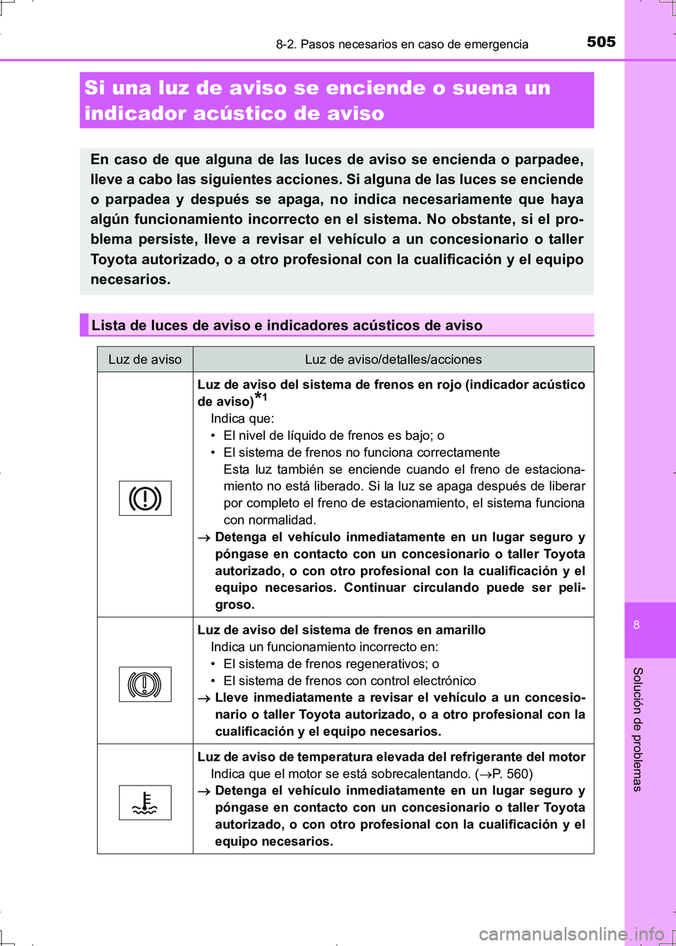 TOYOTA AURIS HYBRID 2017 Manual del propietario (in Spanish) 5058-2. Pasos necesarios en caso de emergencia
8
Solución de problemas
UK_AURIS_HV_HB_ES (OM12L10S)
Si una luz de aviso se enciende o suena un
indicador acústico de aviso
En caso de que alguna de l TOYOTA AURIS HYBRID 2017 Manual del propietario (in Spanish) 5058-2. Pasos necesarios en caso de emergencia
8
Solución de problemas
UK_AURIS_HV_HB_ES (OM12L10S)
Si una luz de aviso se enciende o suena un
indicador acústico de aviso
En caso de que alguna de l