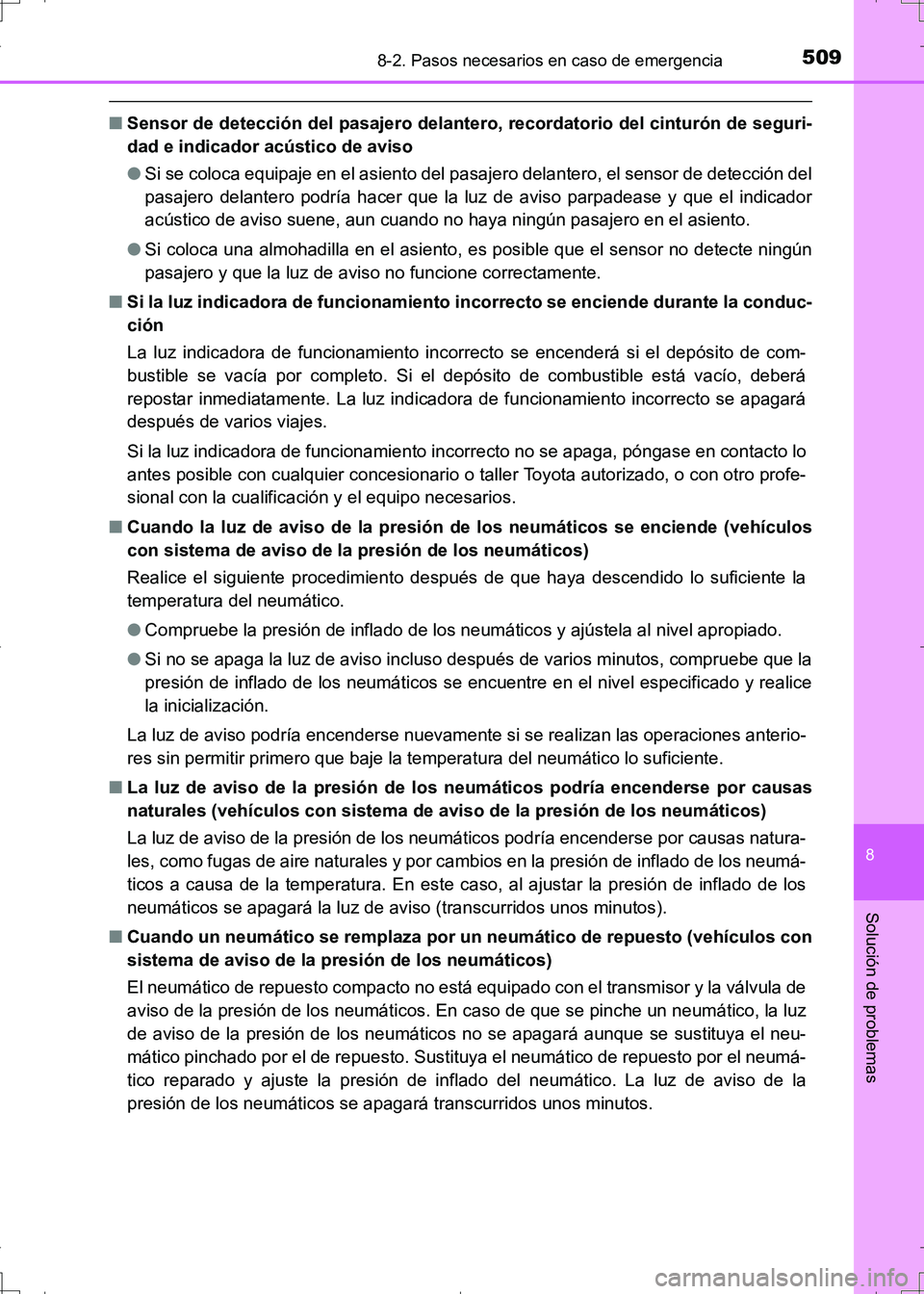 TOYOTA AURIS HYBRID 2017 Manual del propietario (in Spanish) 5098-2. Pasos necesarios en caso de emergencia
8
Solución de problemas
UK_AURIS_HV_HB_ES (OM12L10S)
■Sensor de detección del pasajero delantero, recordatorio del cinturón de seguri-
dad e indicad TOYOTA AURIS HYBRID 2017 Manual del propietario (in Spanish) 5098-2. Pasos necesarios en caso de emergencia
8
Solución de problemas
UK_AURIS_HV_HB_ES (OM12L10S)
■Sensor de detección del pasajero delantero, recordatorio del cinturón de seguri-
dad e indicad