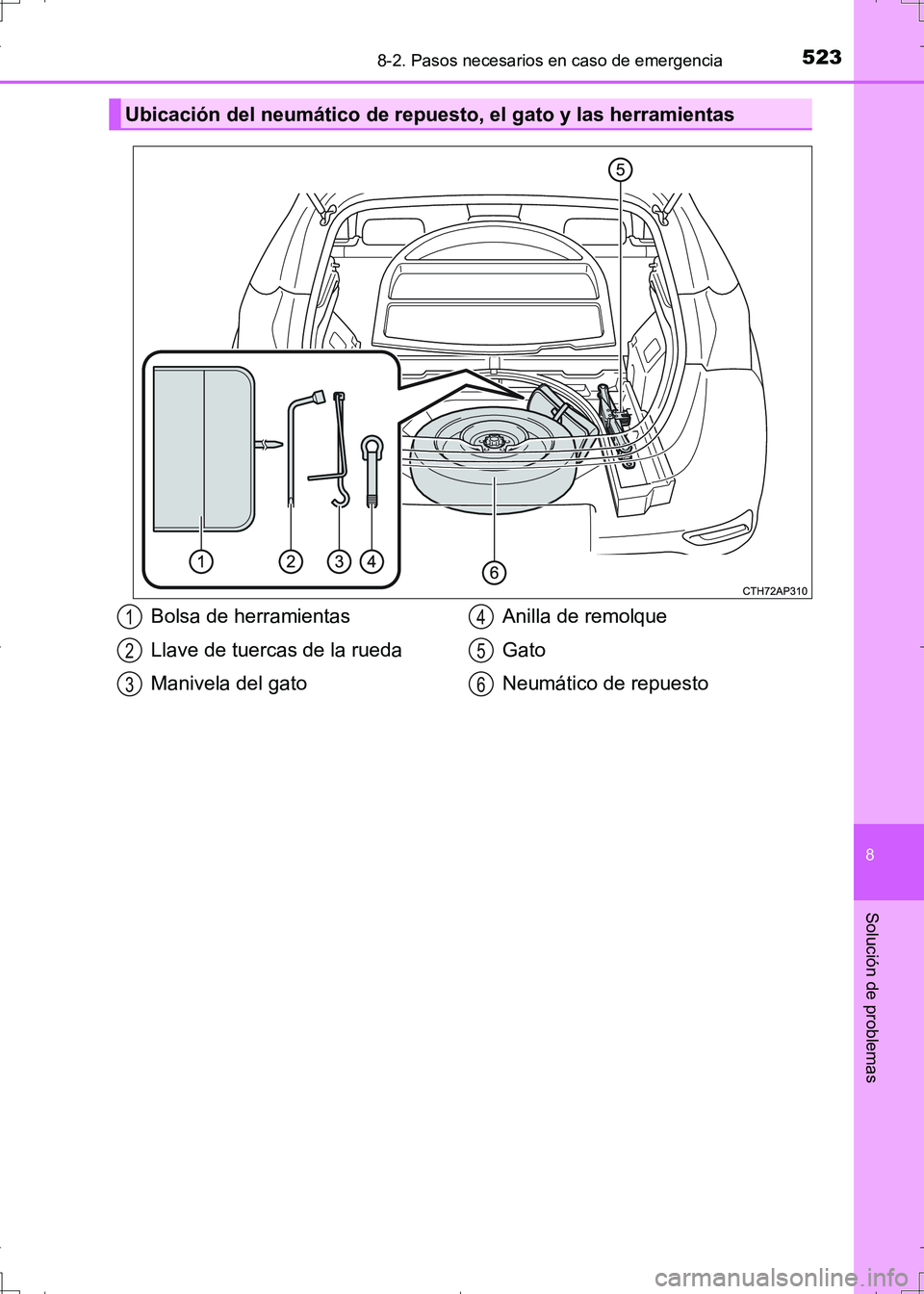 TOYOTA AURIS HYBRID 2017 Manual del propietario (in Spanish) 5238-2. Pasos necesarios en caso de emergencia
8
Solución de problemas
UK_AURIS_HV_HB_ES (OM12L10S)
Ubicación del neumático de repuesto, el gato y las herramientas
Bolsa de herramientas
Llave de tu TOYOTA AURIS HYBRID 2017 Manual del propietario (in Spanish) 5238-2. Pasos necesarios en caso de emergencia
8
Solución de problemas
UK_AURIS_HV_HB_ES (OM12L10S)
Ubicación del neumático de repuesto, el gato y las herramientas
Bolsa de herramientas
Llave de tu