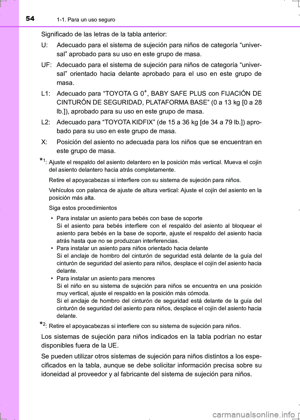 TOYOTA AURIS HYBRID 2017  Manual del propietario (in Spanish) 541-1. Para un uso seguro
UK_AURIS_HV_HB_ES (OM12L10S)
Significado de las letras de la tabla anterior:
U: Adecuado para el sistema de sujeción para niños de categoría “univer-
sal” aprobado par