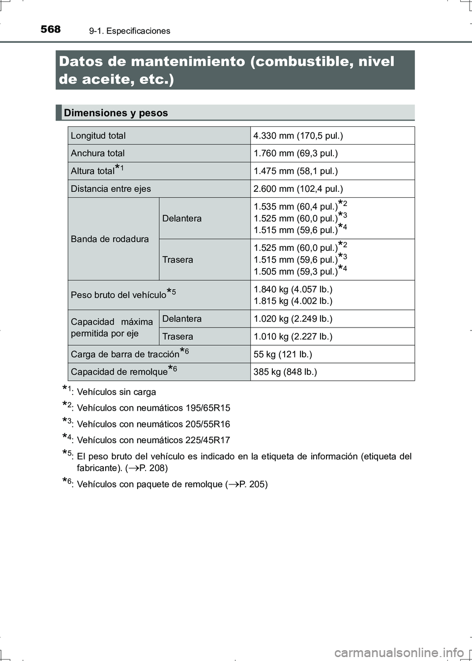 TOYOTA AURIS HYBRID 2017 Manual del propietario (in Spanish) 568
UK_AURIS_HV_HB_ES (OM12L10S)
9-1. Especificaciones
*1: Vehículos sin carga
*2: Vehículos con neumáticos 195/65R15
*3: Vehículos con neumáticos 205/55R16
*4: Vehículos con neumáticos 225/45R TOYOTA AURIS HYBRID 2017 Manual del propietario (in Spanish) 568
UK_AURIS_HV_HB_ES (OM12L10S)
9-1. Especificaciones
*1: Vehículos sin carga
*2: Vehículos con neumáticos 195/65R15
*3: Vehículos con neumáticos 205/55R16
*4: Vehículos con neumáticos 225/45R