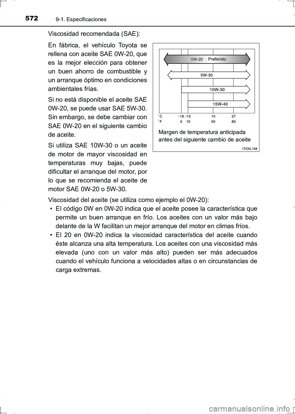 TOYOTA AURIS HYBRID 2017 Manual del propietario (in Spanish) 5729-1. Especificaciones
UK_AURIS_HV_HB_ES (OM12L10S)
Viscosidad recomendada (SAE):
En fábrica, el vehículo Toyota se
rellena con aceite SAE 0W-20, que
es la mejor elección para obtener
un buen aho TOYOTA AURIS HYBRID 2017 Manual del propietario (in Spanish) 5729-1. Especificaciones
UK_AURIS_HV_HB_ES (OM12L10S)
Viscosidad recomendada (SAE):
En fábrica, el vehículo Toyota se
rellena con aceite SAE 0W-20, que
es la mejor elección para obtener
un buen aho
