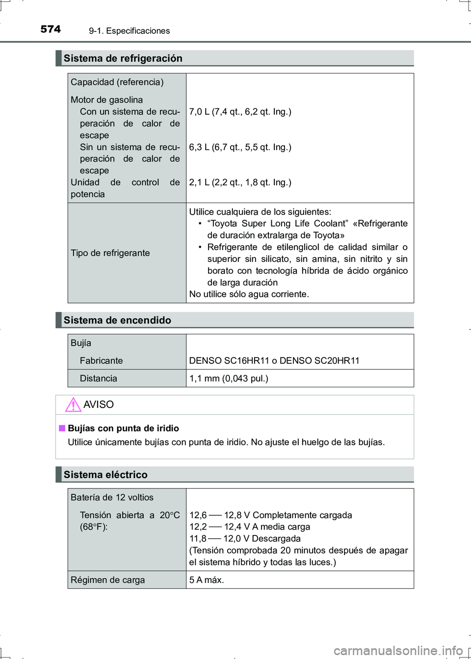 TOYOTA AURIS HYBRID 2017 Manual del propietario (in Spanish) 5749-1. Especificaciones
UK_AURIS_HV_HB_ES (OM12L10S)
Sistema de refrigeración
Capacidad (referencia)
Motor de gasolina
Con un sistema de recu-
peración de calor de
escape
Sin un sistema de recu-
pe TOYOTA AURIS HYBRID 2017 Manual del propietario (in Spanish) 5749-1. Especificaciones
UK_AURIS_HV_HB_ES (OM12L10S)
Sistema de refrigeración
Capacidad (referencia)
Motor de gasolina
Con un sistema de recu-
peración de calor de
escape
Sin un sistema de recu-
pe