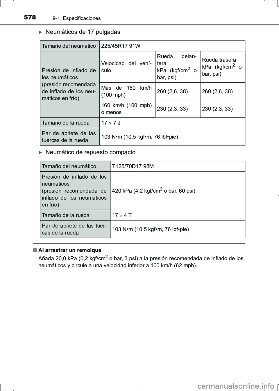 TOYOTA AURIS HYBRID 2017 Manual del propietario (in Spanish) 5789-1. Especificaciones
UK_AURIS_HV_HB_ES (OM12L10S)
Neumáticos de 17 pulgadas
Neumático de repuesto compacto
■Al arrastrar un remolque
Añada 20,0 kPa (0,2 kgf/cm2 o bar, 3 psi) a la presi TOYOTA AURIS HYBRID 2017 Manual del propietario (in Spanish) 5789-1. Especificaciones
UK_AURIS_HV_HB_ES (OM12L10S)
Neumáticos de 17 pulgadas
Neumático de repuesto compacto
■Al arrastrar un remolque
Añada 20,0 kPa (0,2 kgf/cm2 o bar, 3 psi) a la presi