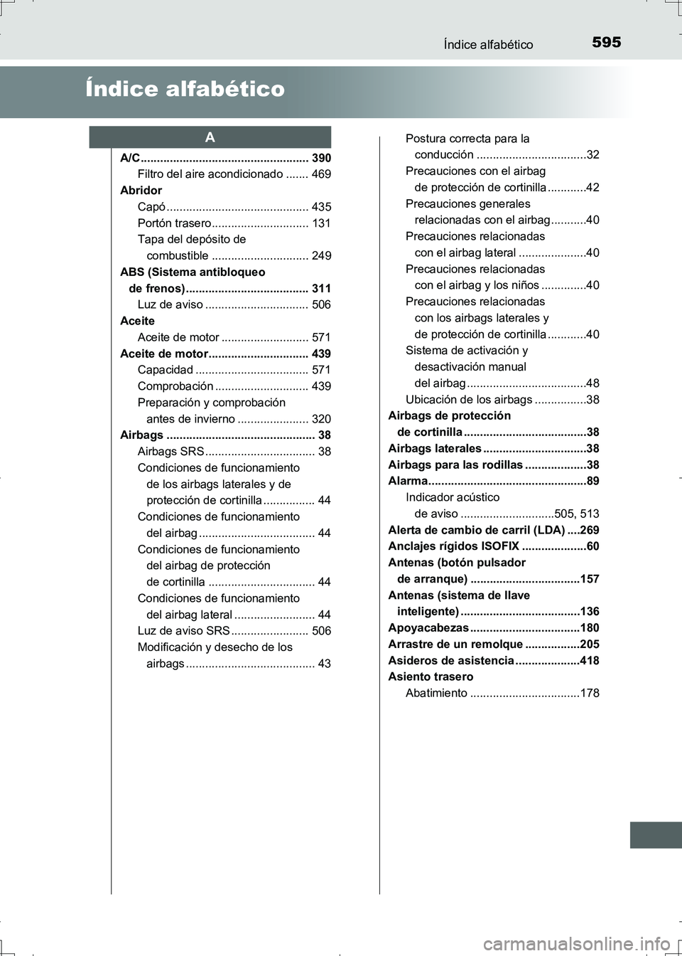 TOYOTA AURIS HYBRID 2017 Manual del propietario (in Spanish) 595
UK_AURIS_HV_HB_ES (OM12L10S)
Índice alfabético
Índice alfabético
A/C.................................................... 390
Filtro del aire acondicionado ....... 469
Abridor
Capó ........... TOYOTA AURIS HYBRID 2017 Manual del propietario (in Spanish) 595
UK_AURIS_HV_HB_ES (OM12L10S)
Índice alfabético
Índice alfabético
A/C.................................................... 390
Filtro del aire acondicionado ....... 469
Abridor
Capó ...........