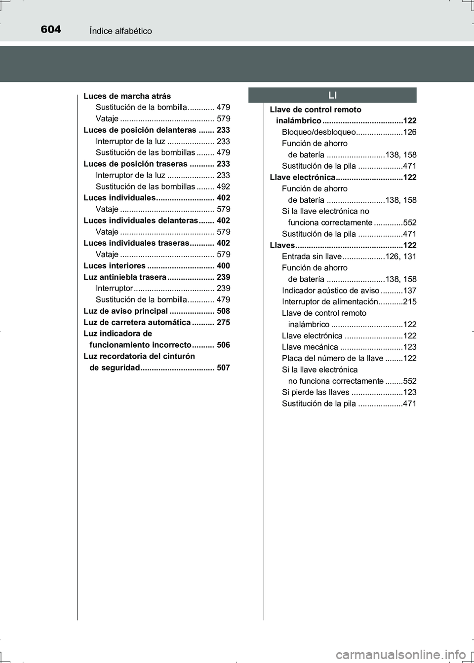 TOYOTA AURIS HYBRID 2017 Manual del propietario (in Spanish) 604Índice alfabético
UK_AURIS_HV_HB_ES (OM12L10S)
Luces de marcha atrás
Sustitución de la bombilla............ 479
Vataje .......................................... 579
Luces de posición delanter TOYOTA AURIS HYBRID 2017 Manual del propietario (in Spanish) 604Índice alfabético
UK_AURIS_HV_HB_ES (OM12L10S)
Luces de marcha atrás
Sustitución de la bombilla............ 479
Vataje .......................................... 579
Luces de posición delanter